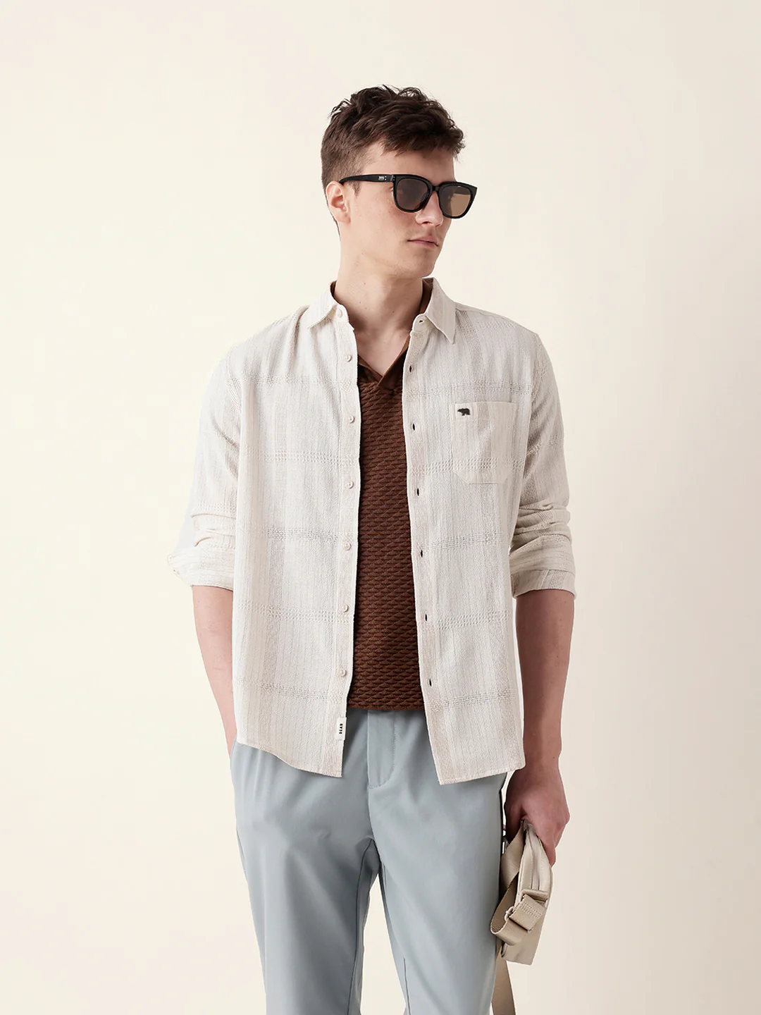 Men Casual Beige Textured Shirt - Image 2