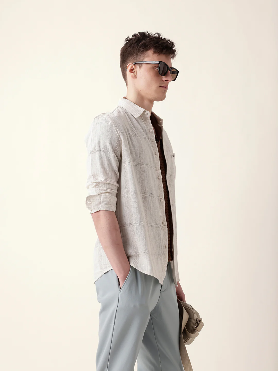 Men Casual Beige Textured Shirt - Image 4