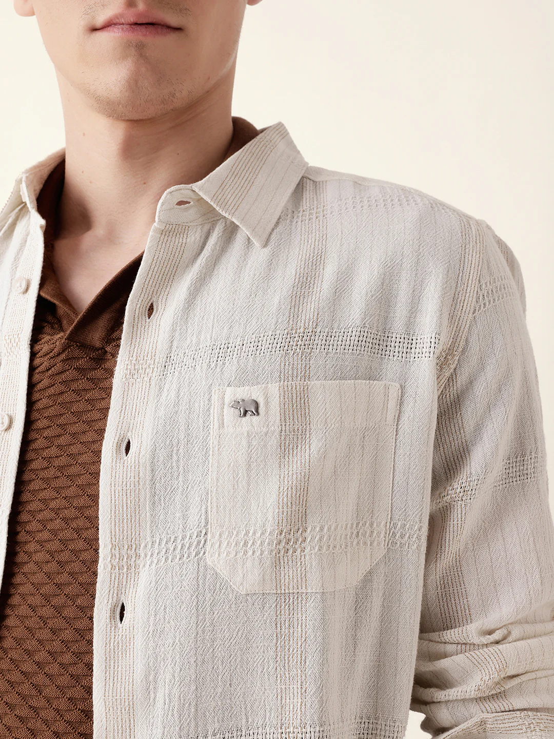 Men Casual Beige Textured Shirt - Image 5