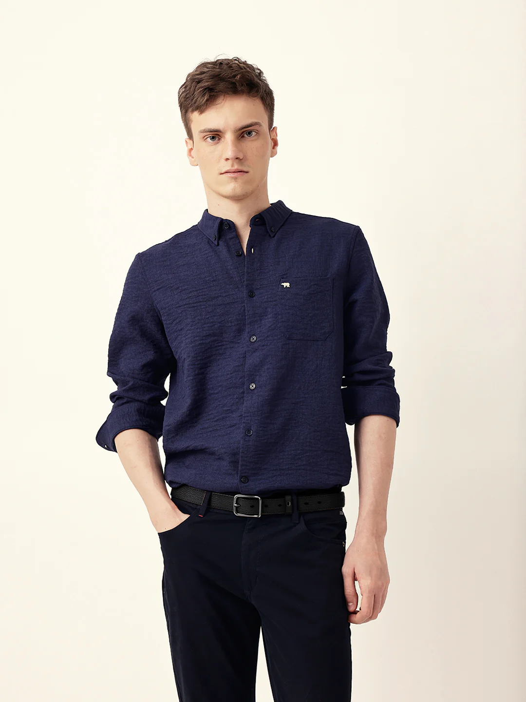 Men Casual Blue Textured Shirt - Image 3
