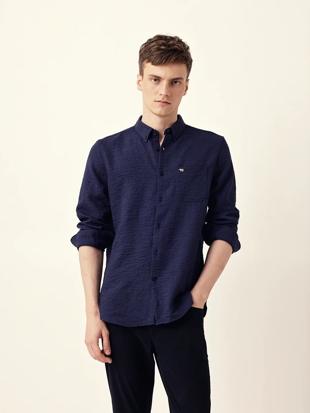 Men Casual Blue Textured Shirt - Image 4