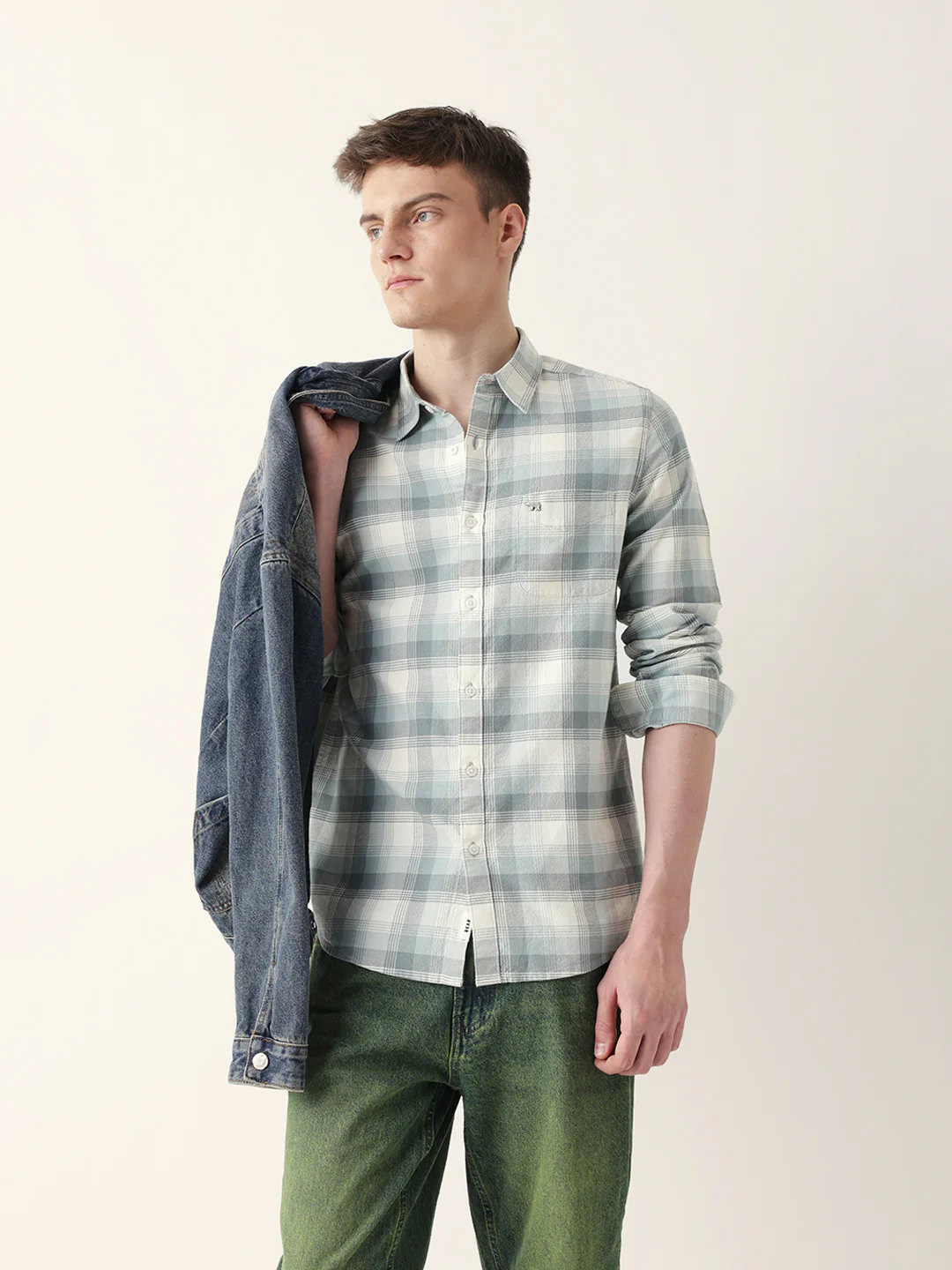 Men Casual Grey Plaid Flannel Shirt - Image 3