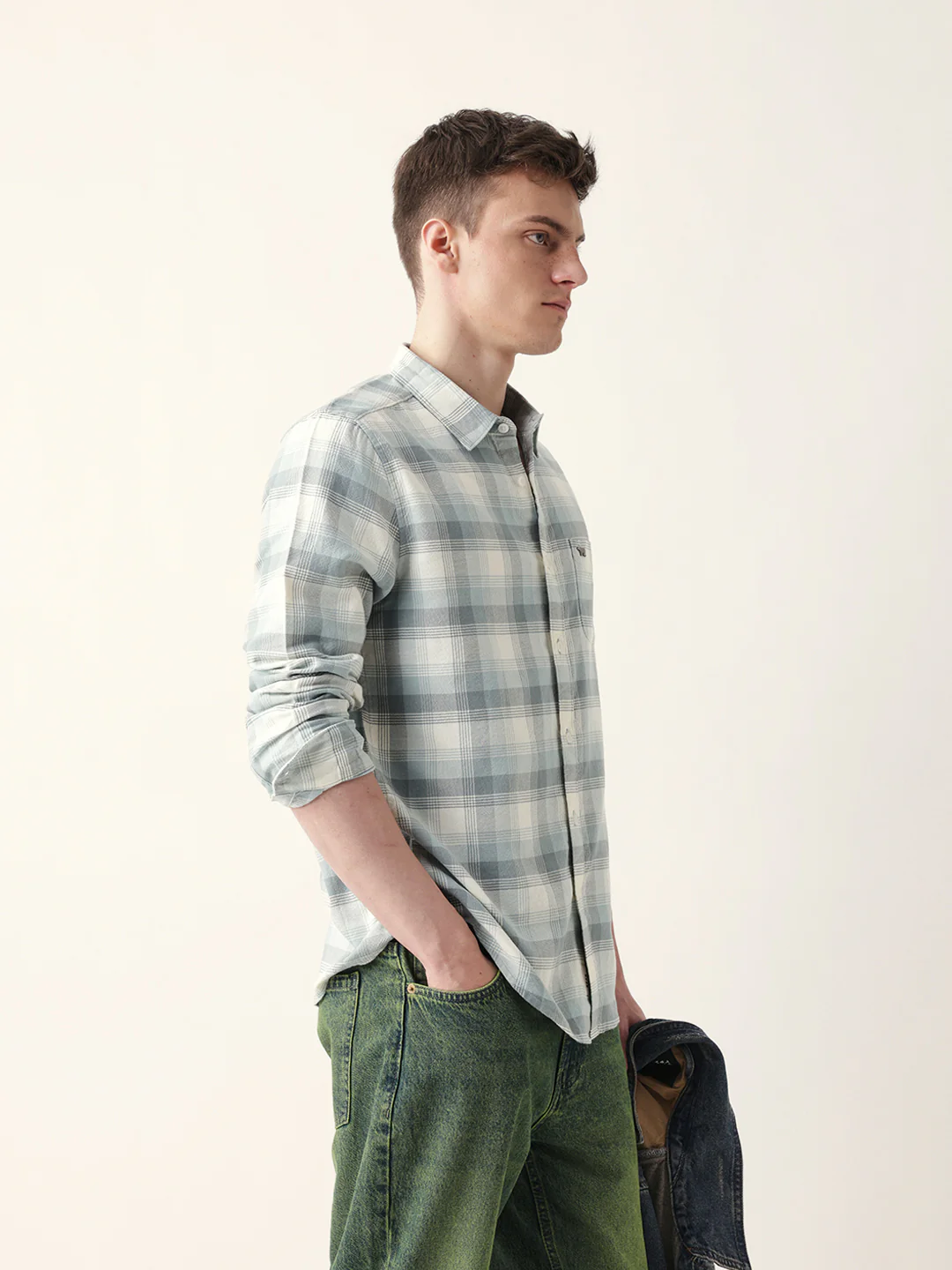 Men Casual Grey Plaid Flannel Shirt - Image 5