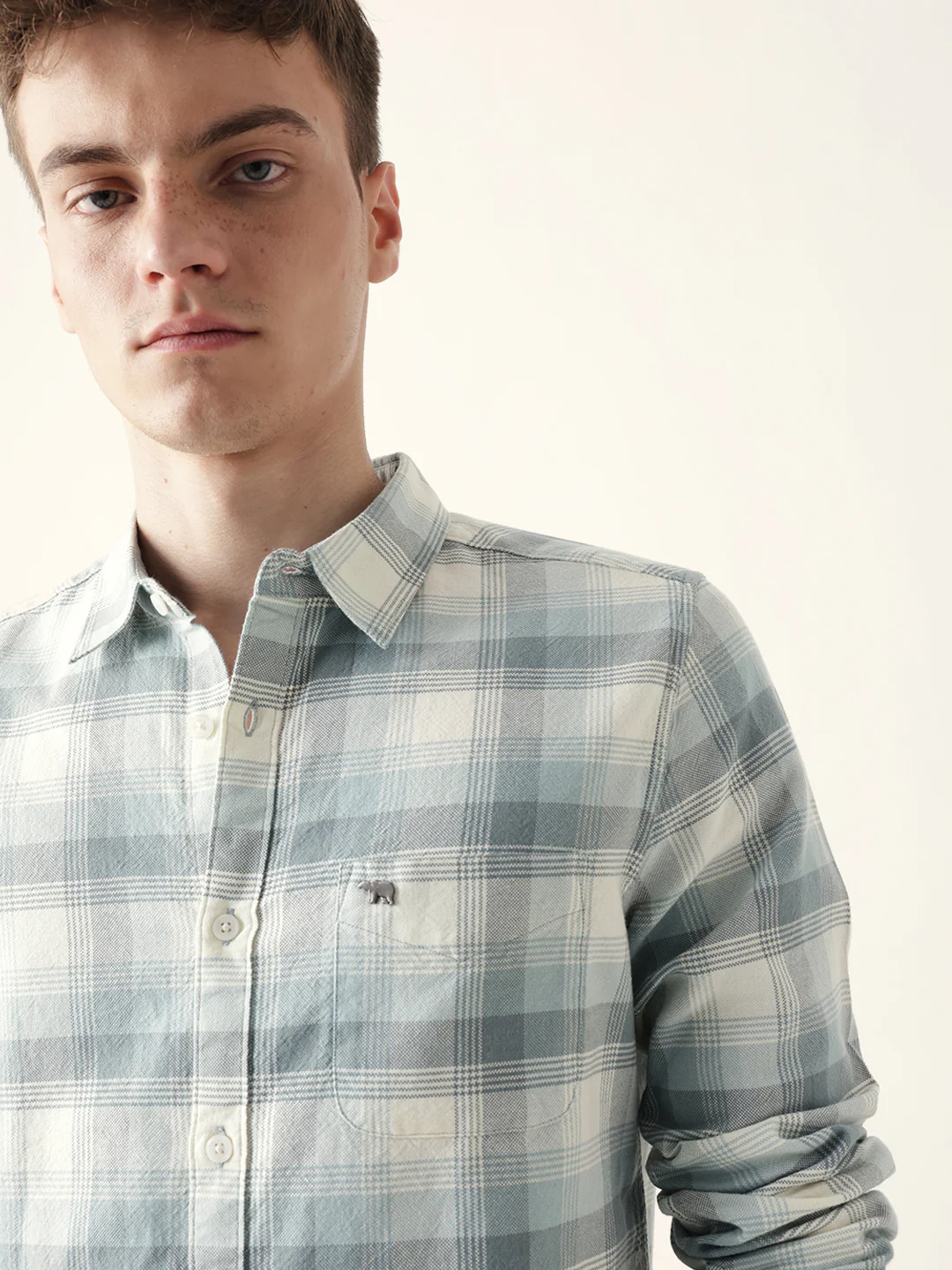 Men Casual Grey Plaid Flannel Shirt - Image 6