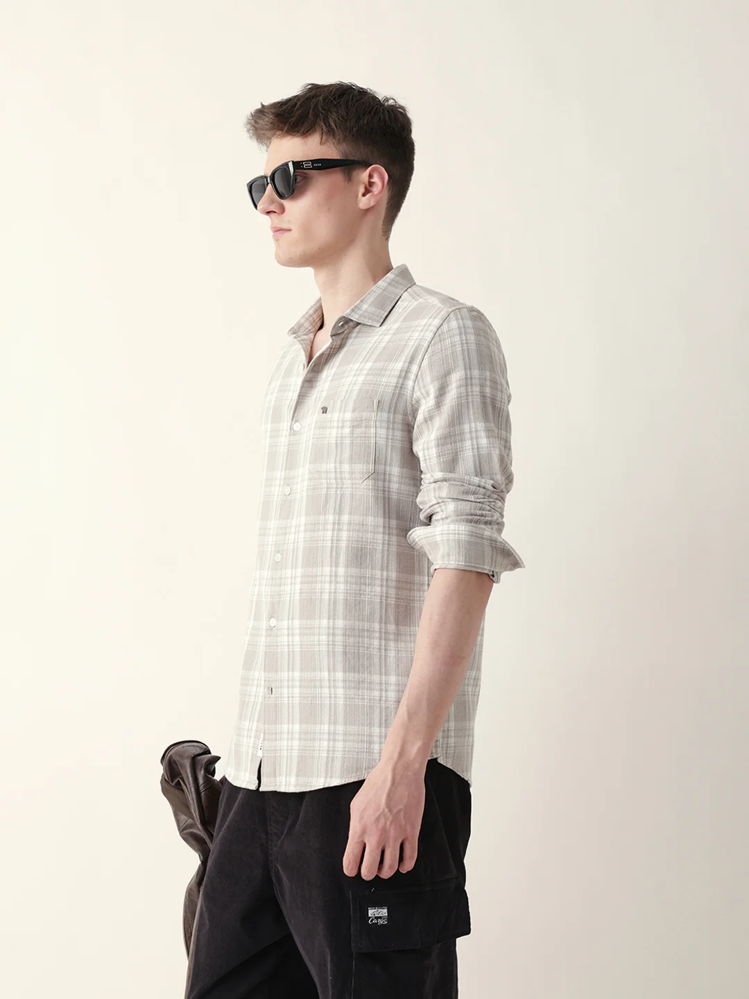Men Casual Grey Plaid Flannel Shirt - Image 4