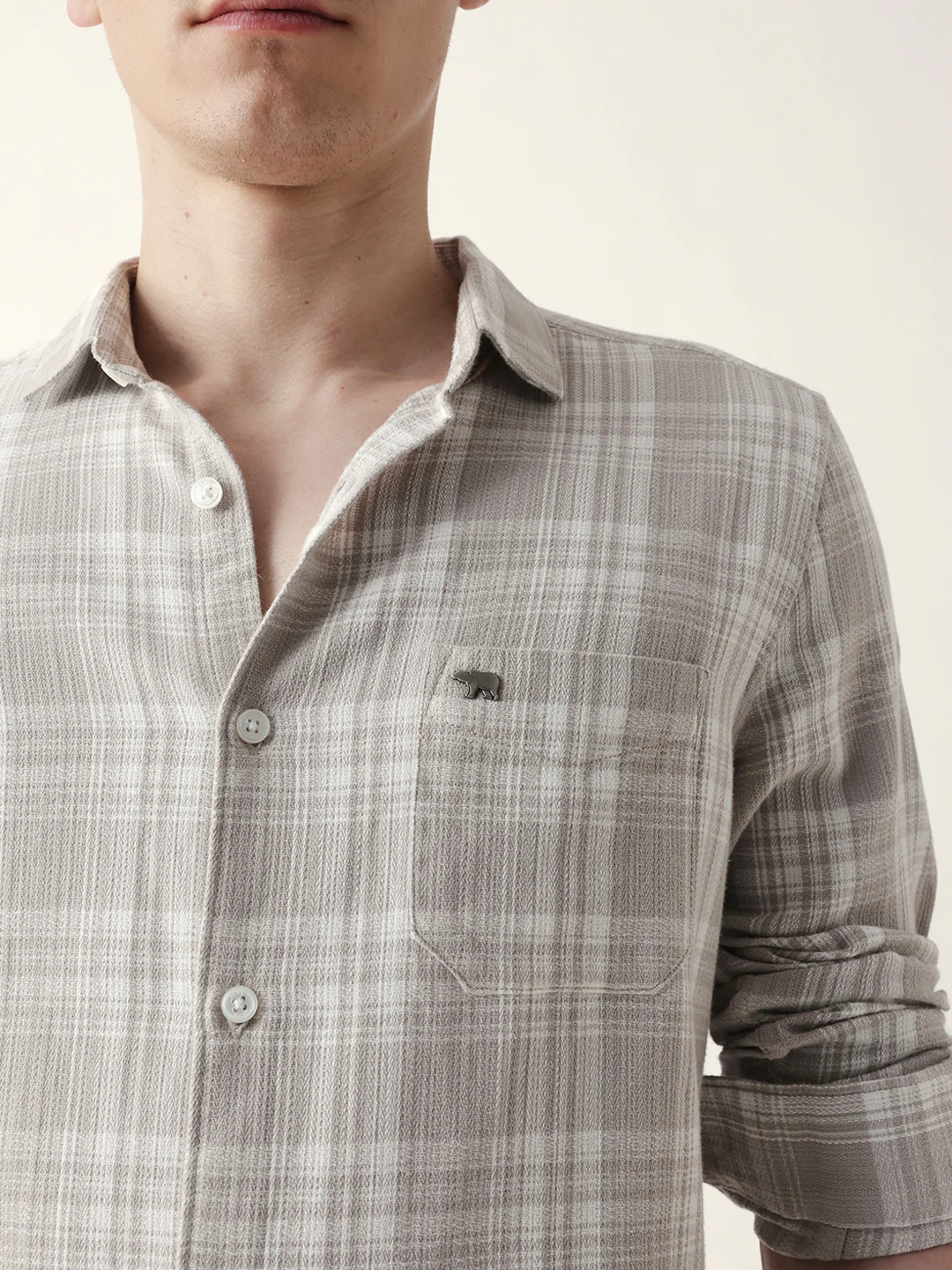 Men Casual Grey Plaid Flannel Shirt - Image 6