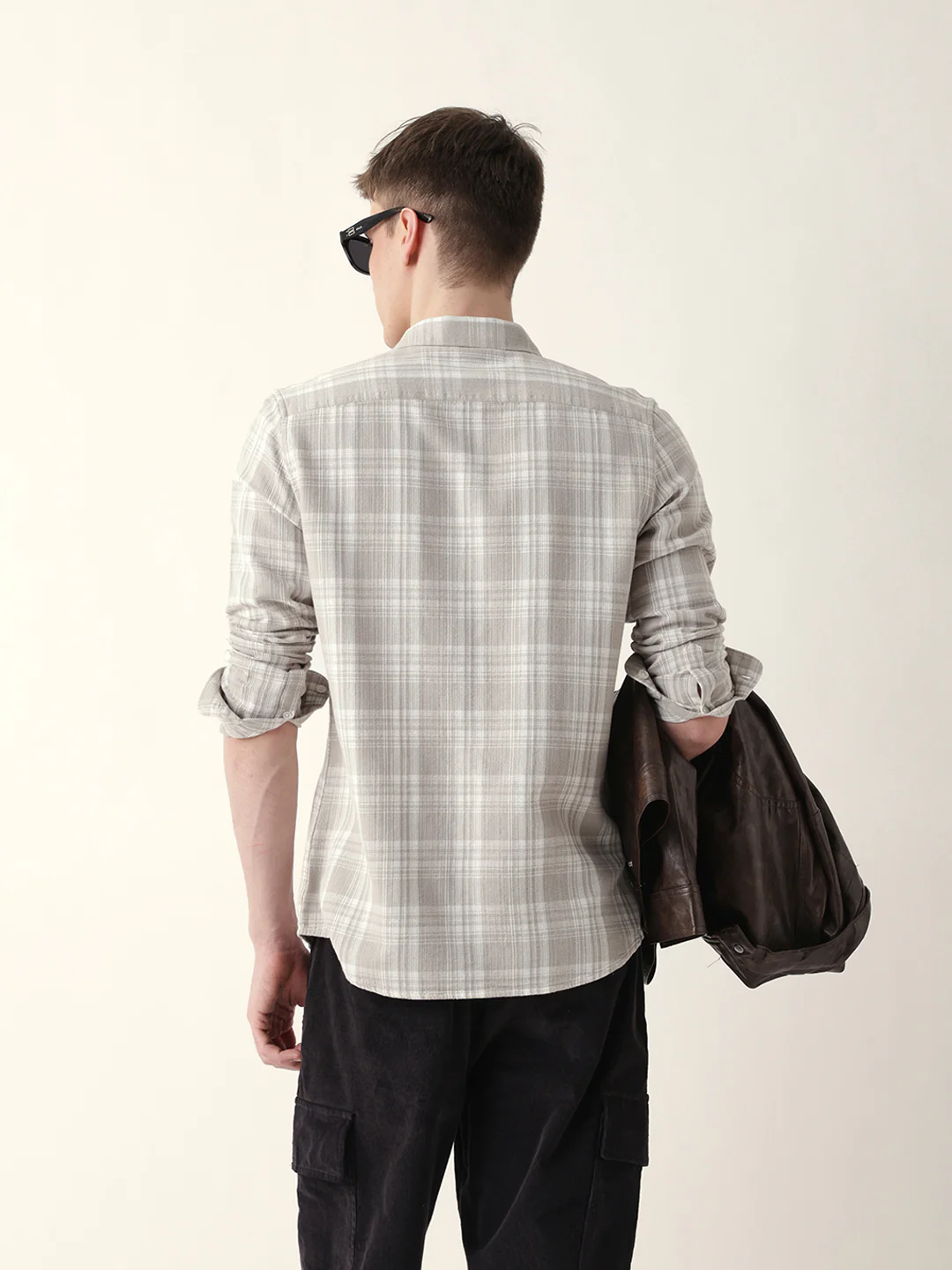 Men Casual Grey Plaid Flannel Shirt - Image 7