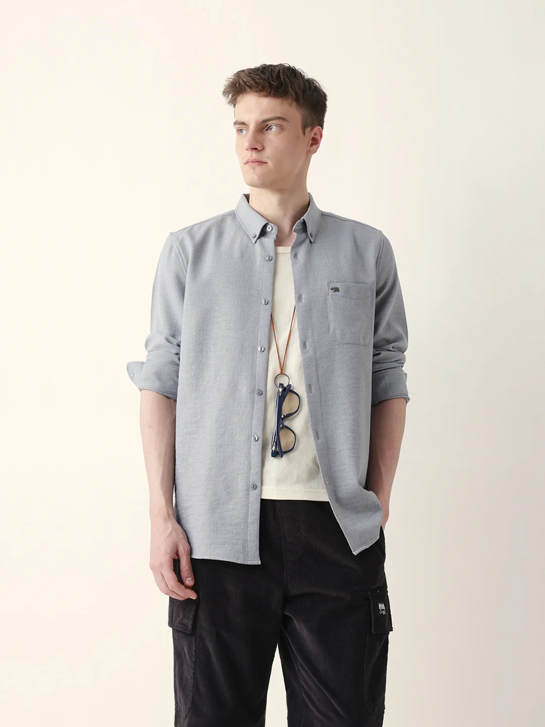 Men Casual Grey Textured Shirt - Image 3
