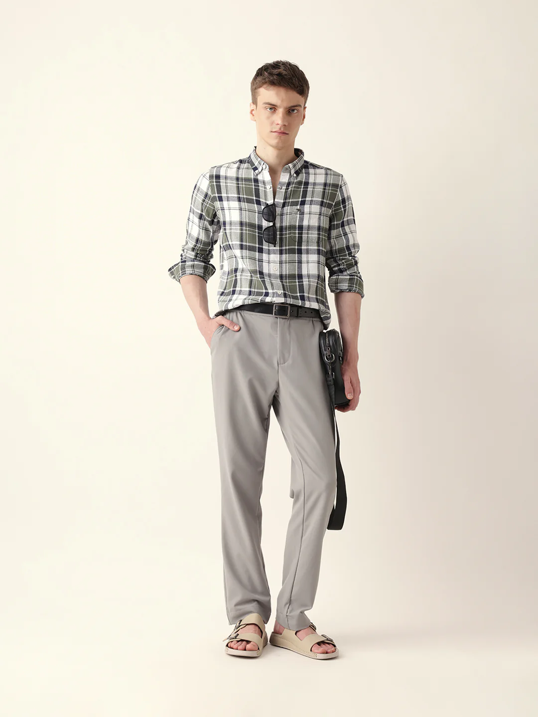 Men Casual Olive Plaid Flannel Shirt - Image 2