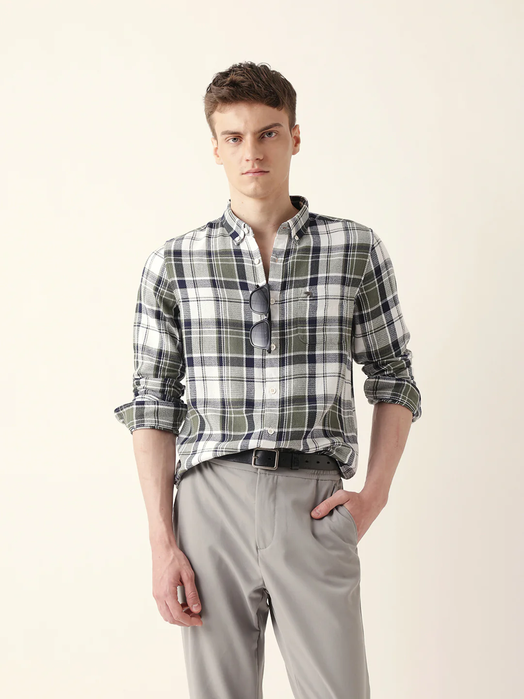 Men Casual Olive Plaid Flannel Shirt - Image 3
