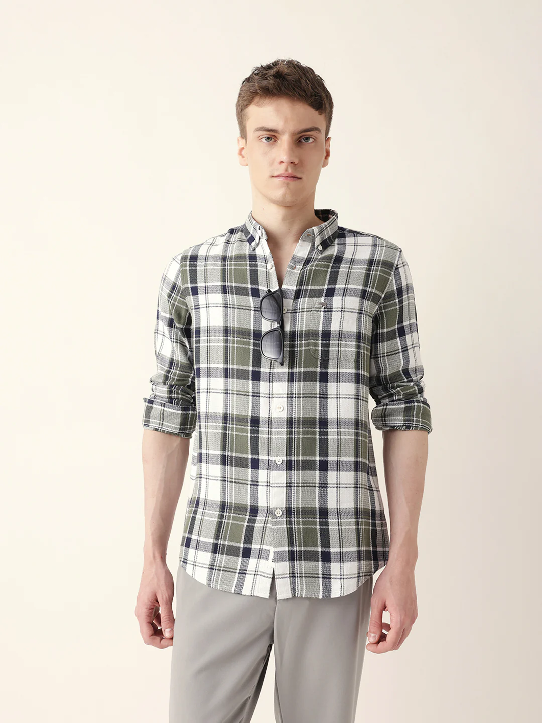 Men Casual Olive Plaid Flannel Shirt - Image 4
