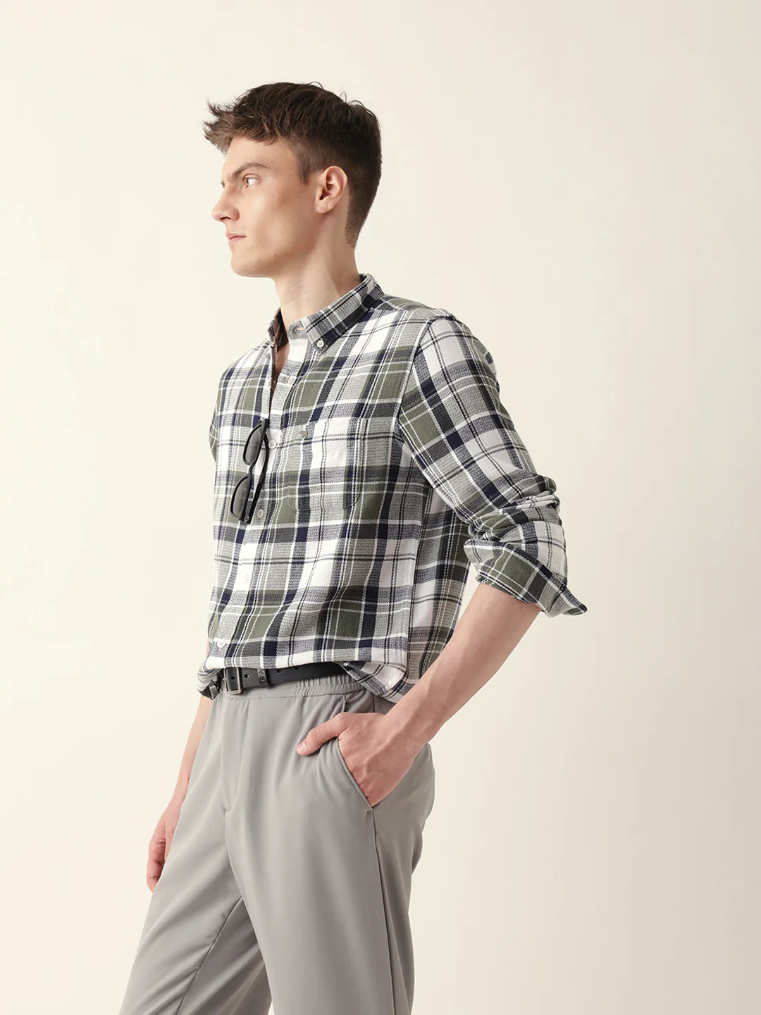 Men Casual Olive Plaid Flannel Shirt - Image 5