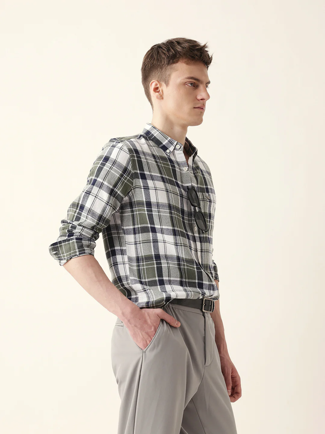 Men Casual Olive Plaid Flannel Shirt - Image 6