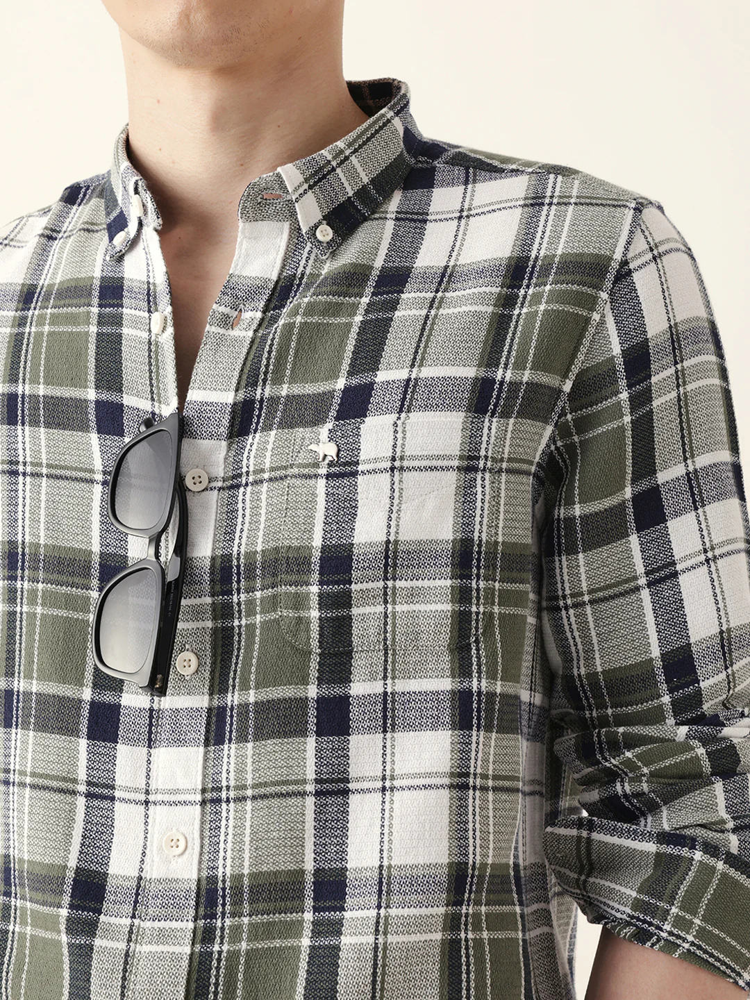 Men Casual Olive Plaid Flannel Shirt - Image 7