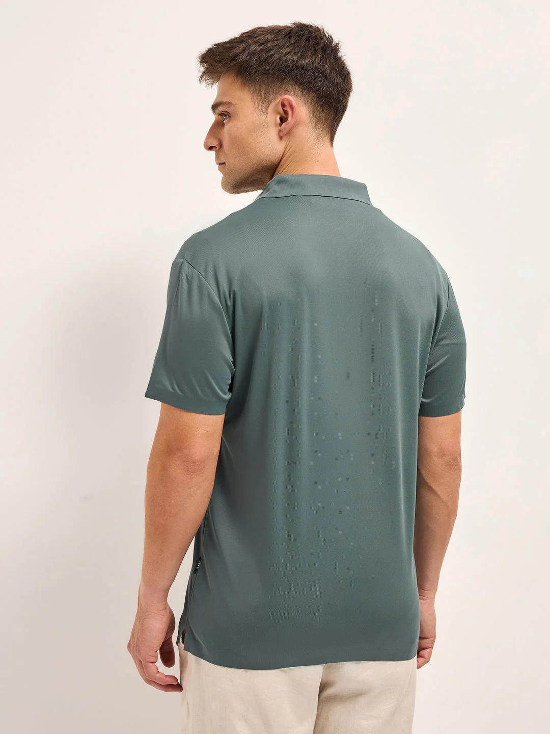 Men Celadon Blue Self Design Slim Fit Classic Polo T-shirt - Image 2