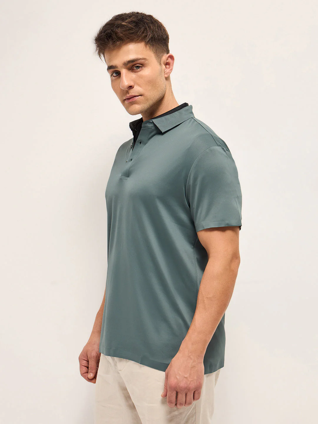 Men Celadon Blue Self Design Slim Fit Classic Polo T-shirt - Image 3