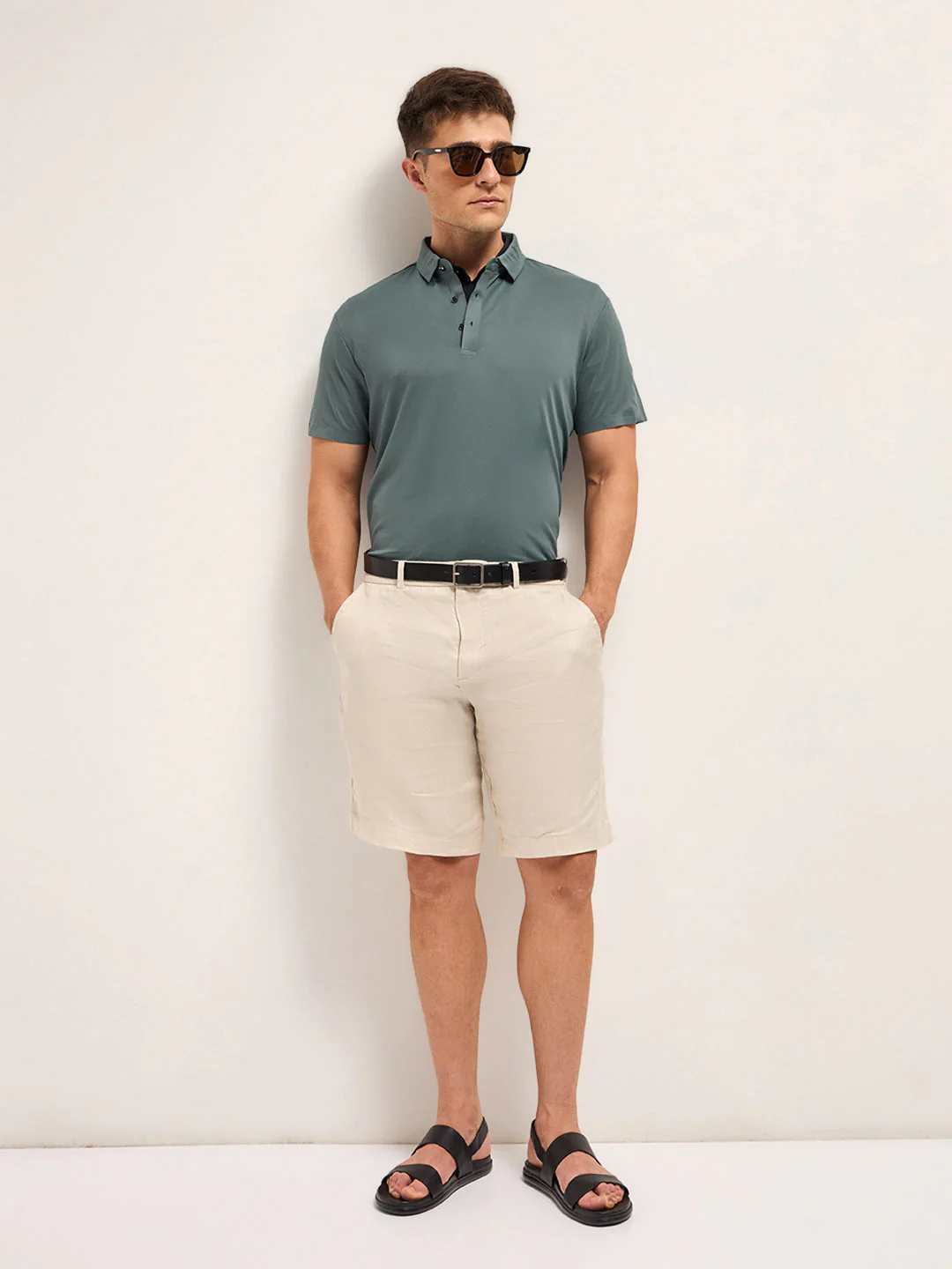 Men Celadon Blue Self Design Slim Fit Classic Polo T-shirt - Image 4