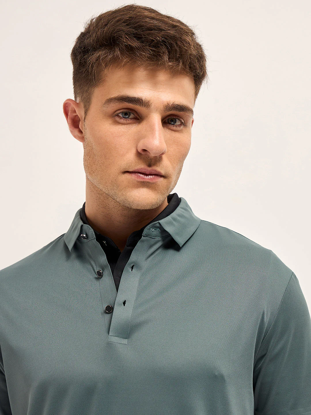 Men Celadon Blue Self Design Slim Fit Classic Polo T-shirt - Image 5