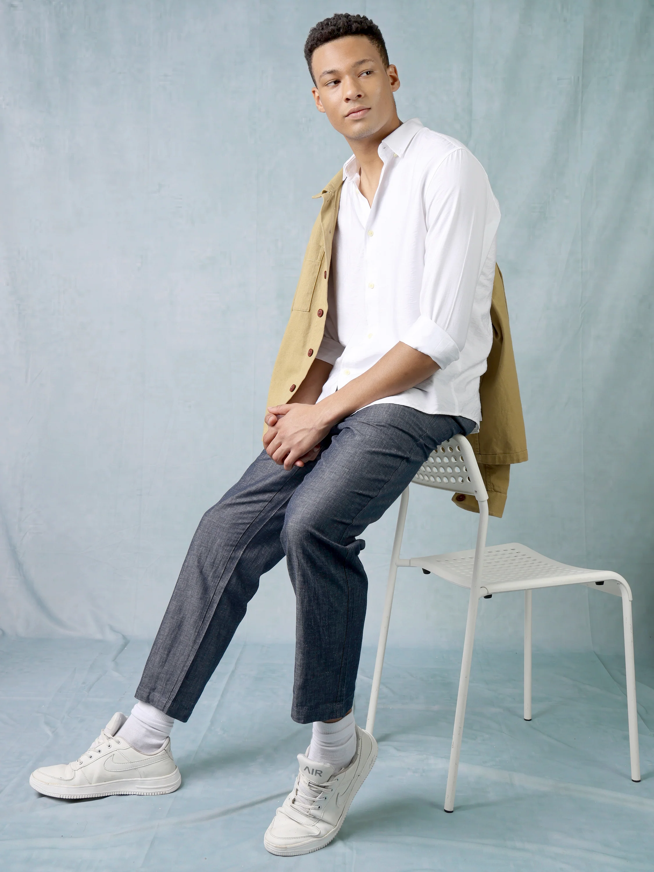 Men Chambray Blue Comfort Fit Pants - Image 2