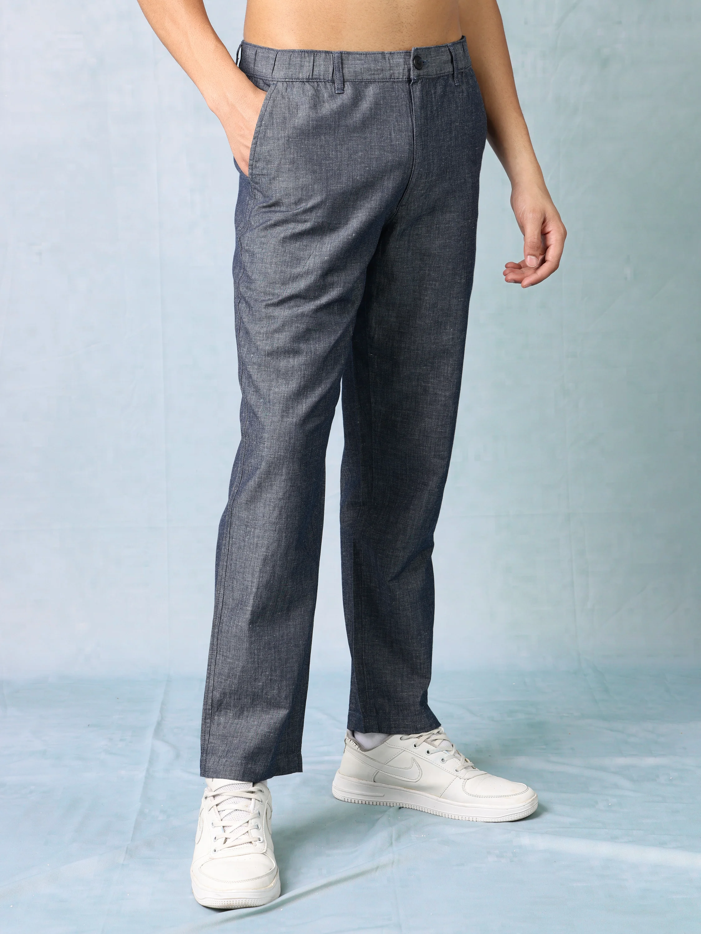 Men Chambray Blue Comfort Fit Pants - Image 3