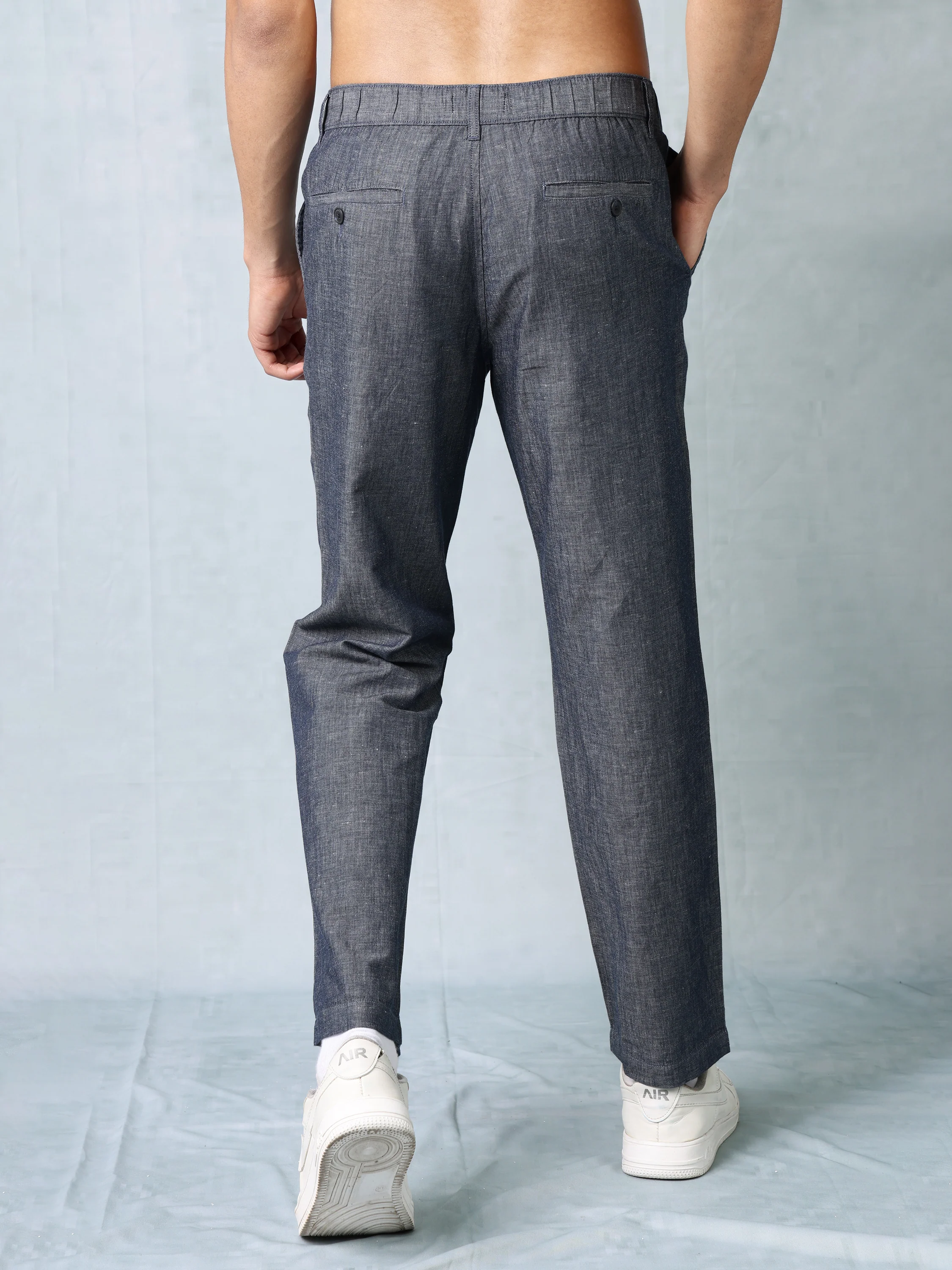 Men Chambray Blue Comfort Fit Pants - Image 4