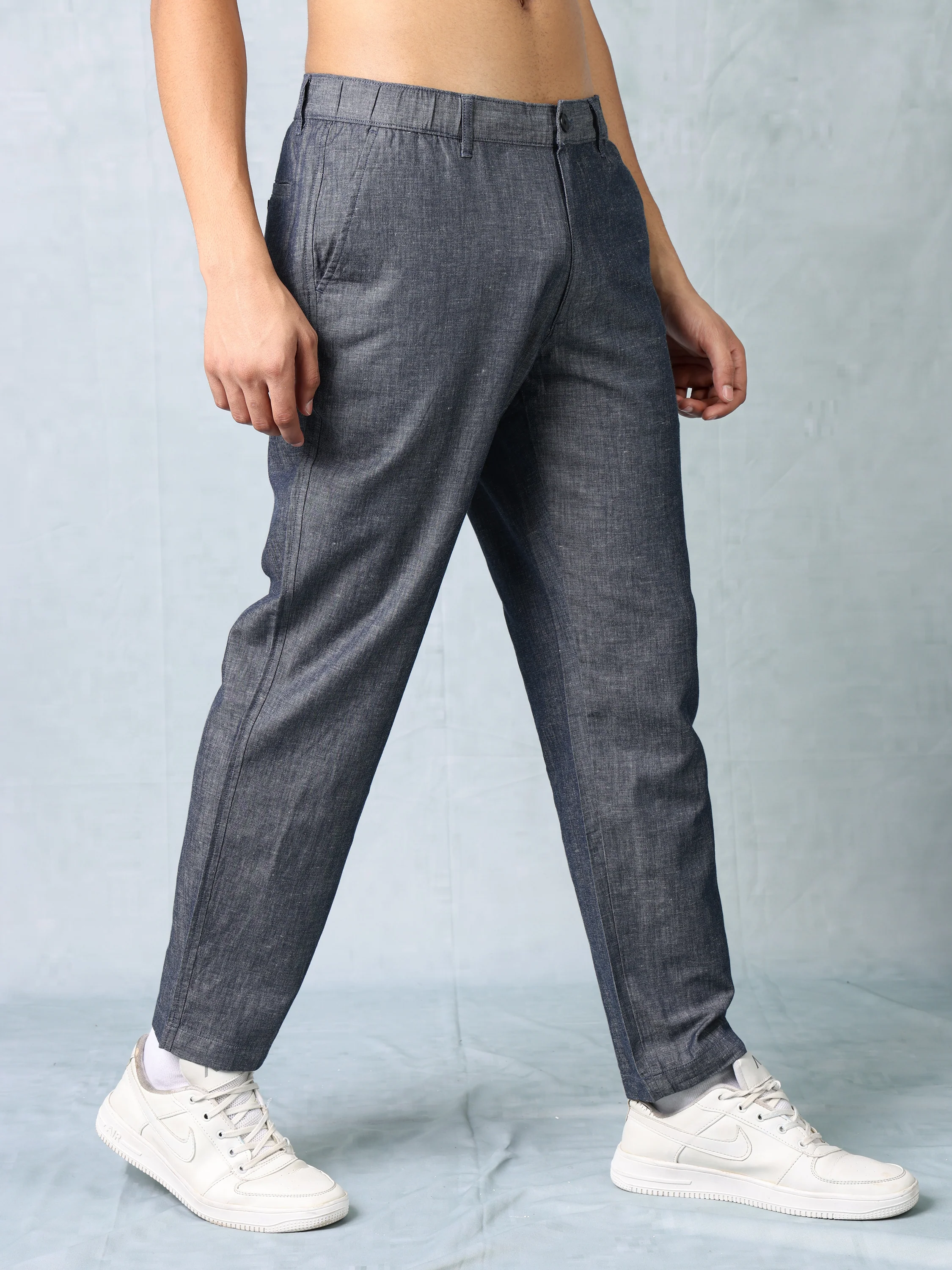 Men Chambray Blue Comfort Fit Pants - Image 5