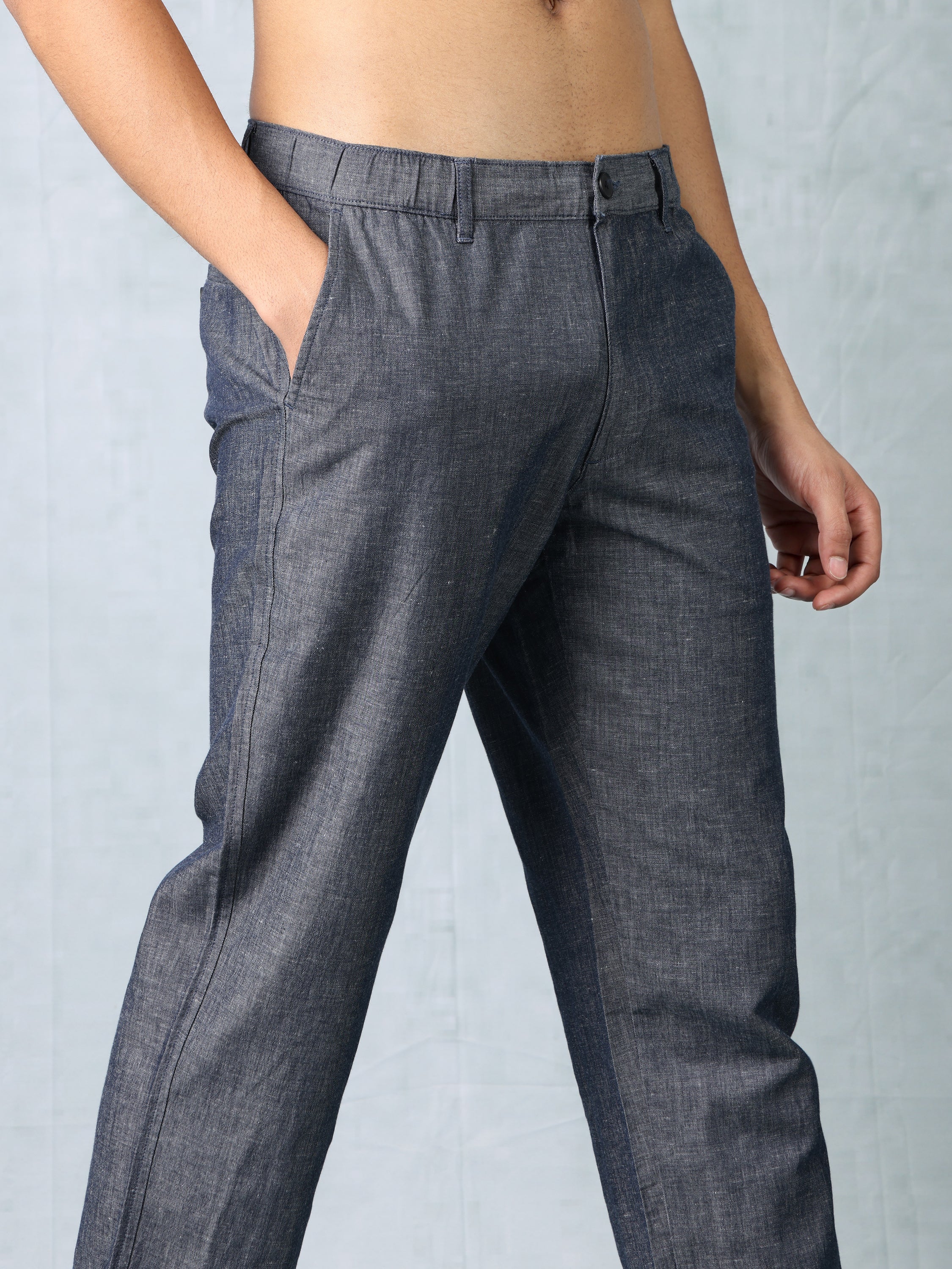 Men Chambray Blue Comfort Fit Pants - Image 6