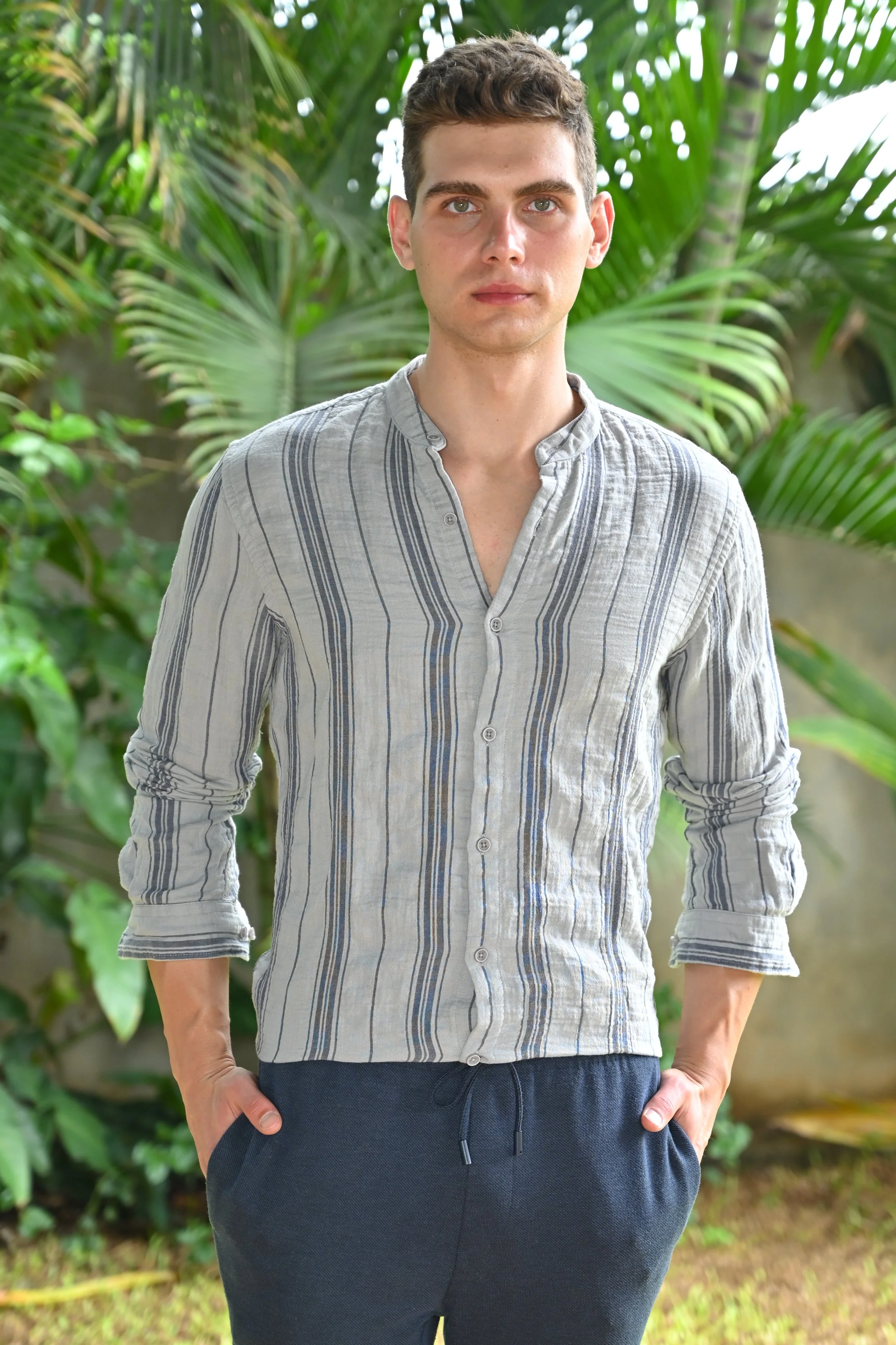 Men Chance Double Layered Striped Shirt Grey - Image 3