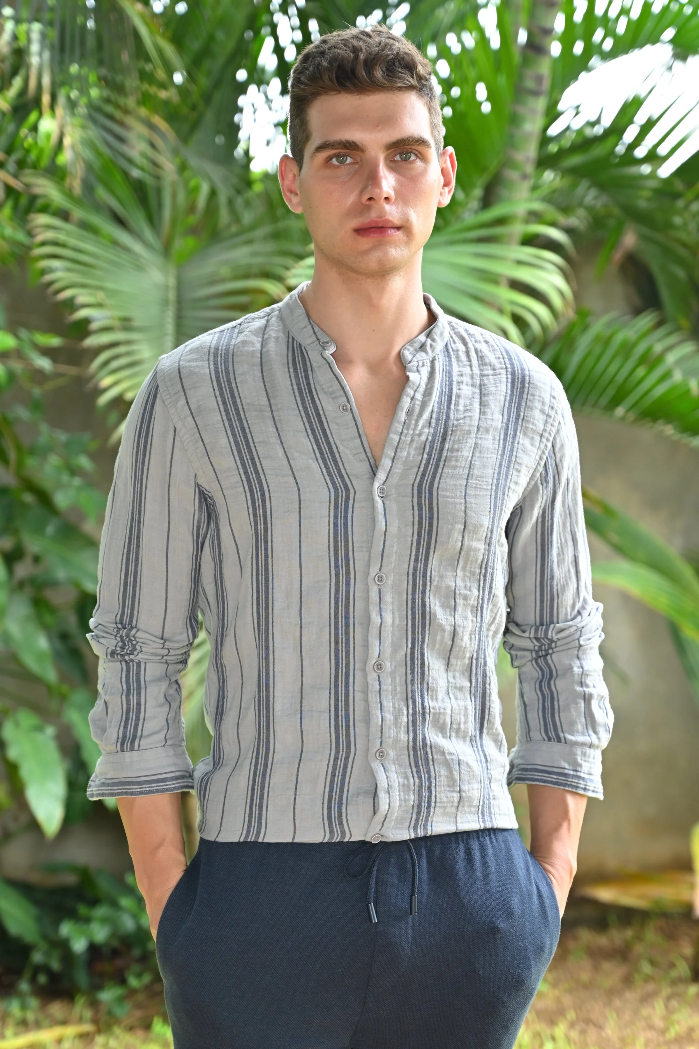 Men Chance Double Layered Striped Shirt Grey - Image 4
