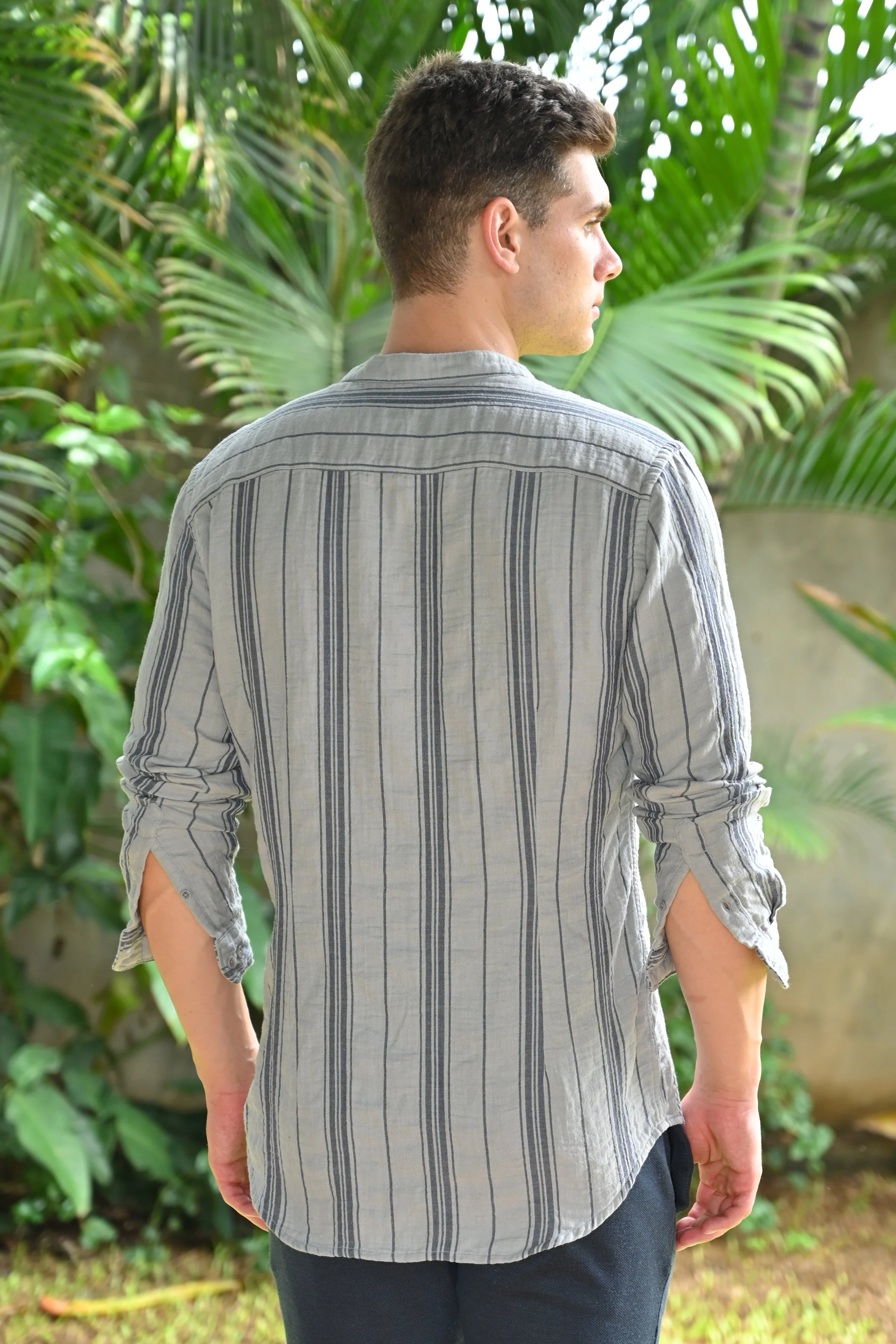 Men Chance Double Layered Striped Shirt Grey - Image 7