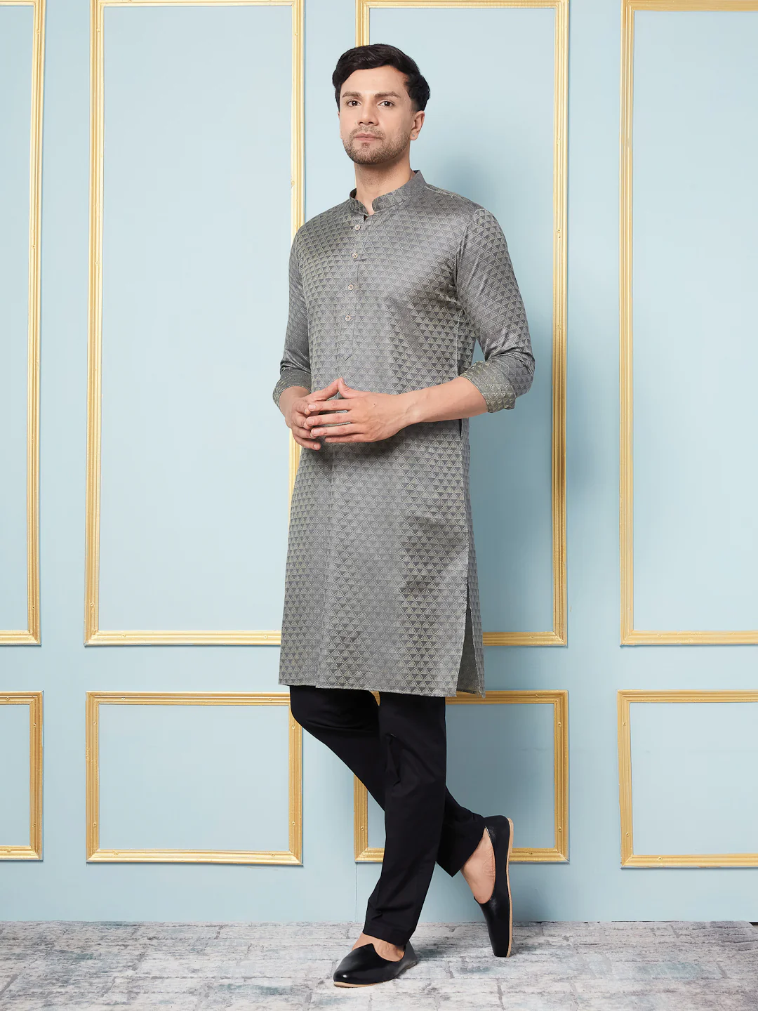 Men Charcoal Woven Design Thread Work Kurta - Image 2