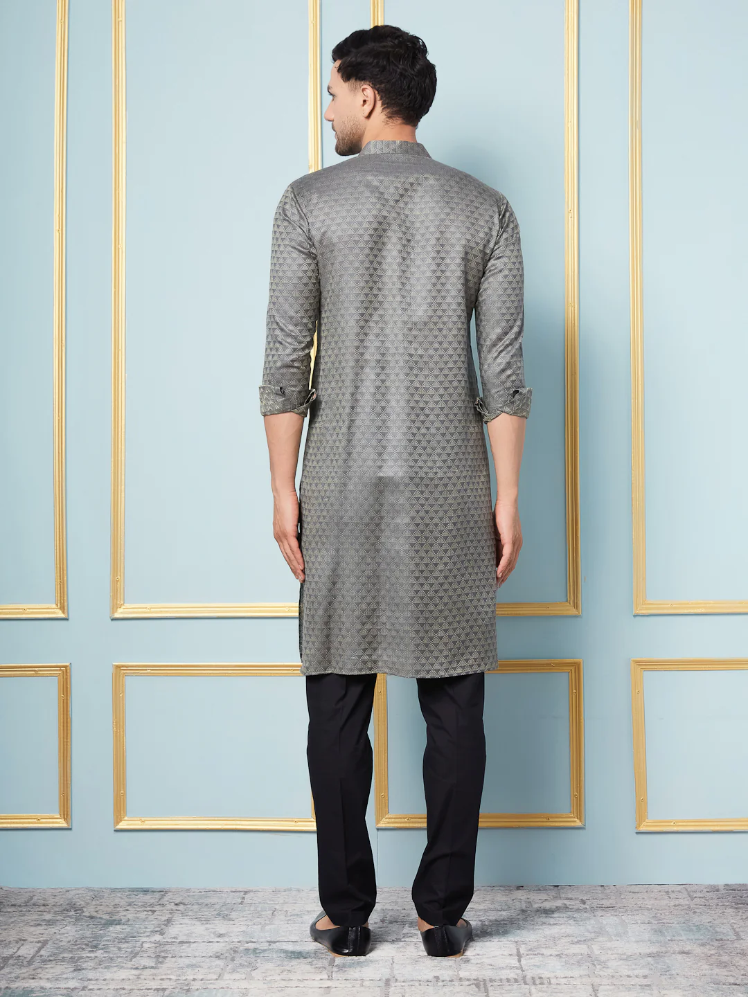 Men Charcoal Woven Design Thread Work Kurta - Image 3
