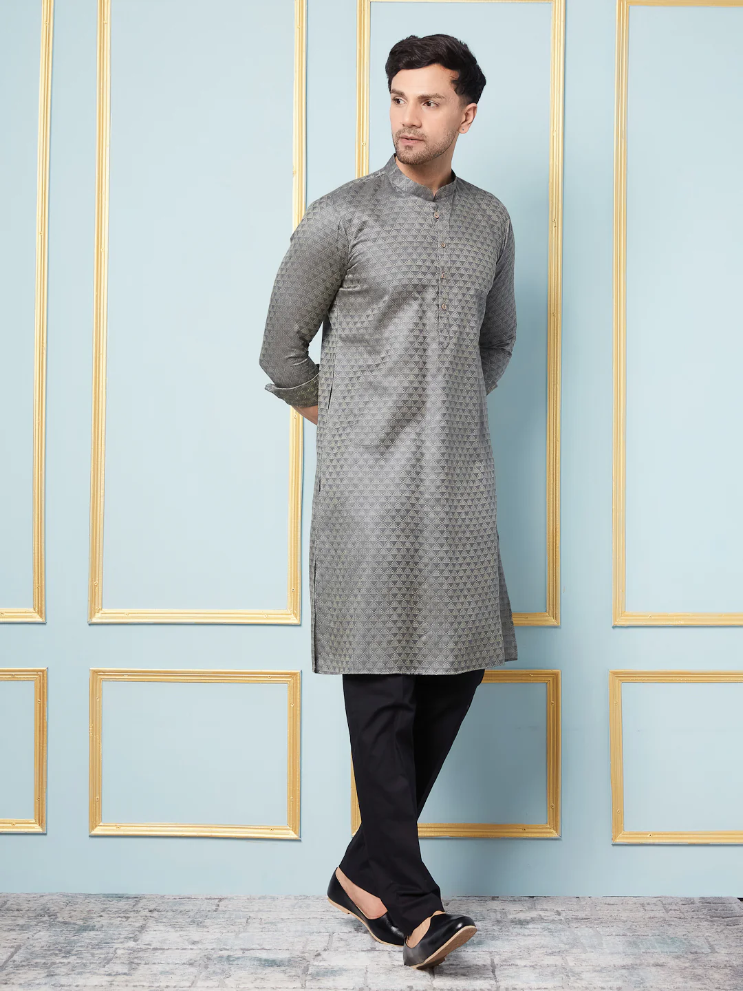 Men Charcoal Woven Design Thread Work Kurta - Image 4