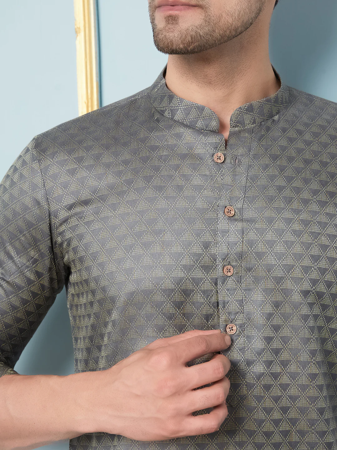 Men Charcoal Woven Design Thread Work Kurta - Image 5