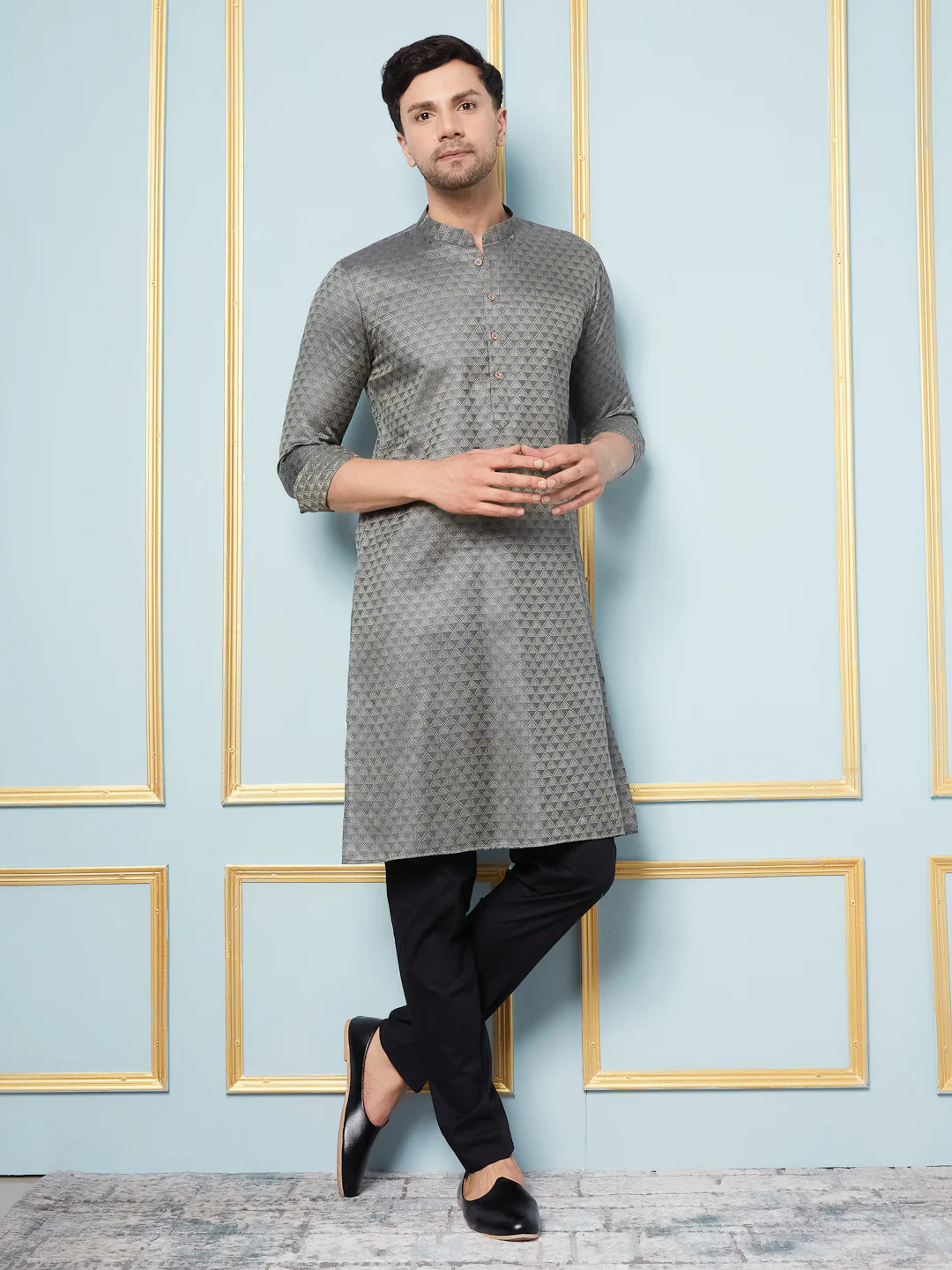 Men Charcoal Woven Design Thread Work Kurta - Image 6