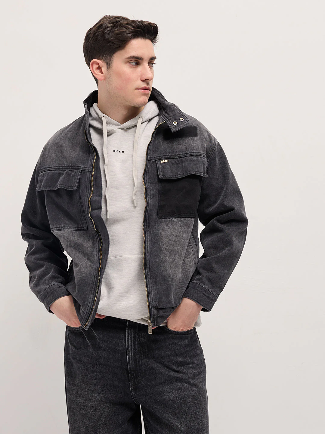 Men Charcoal Grey Denim Jacket