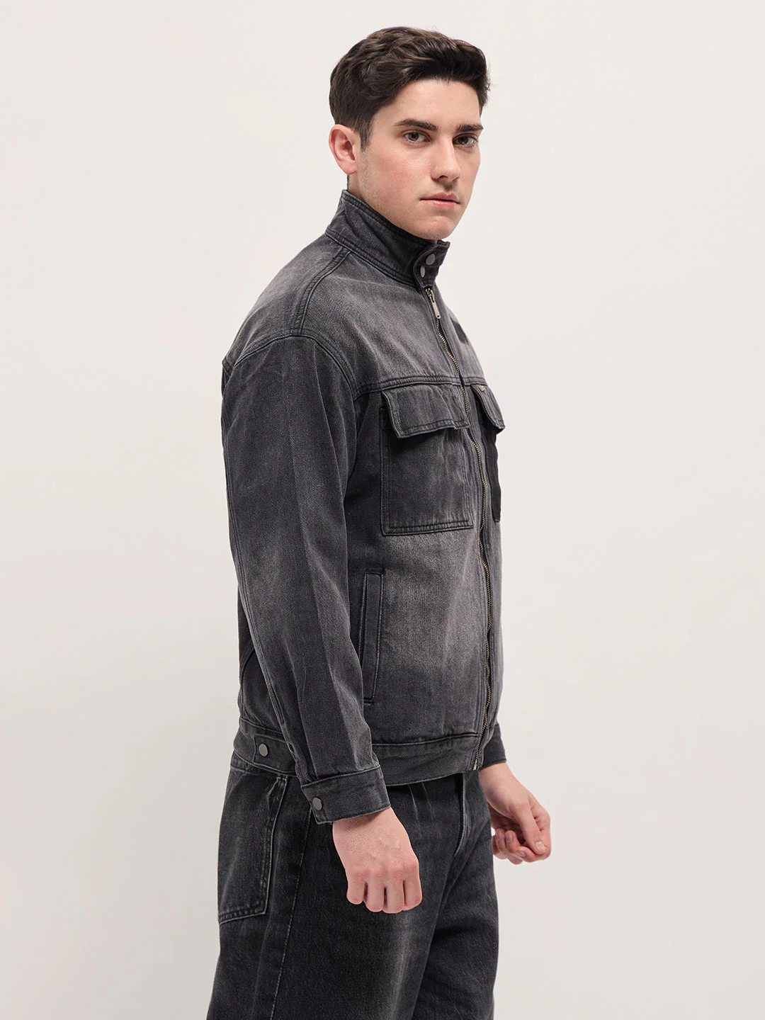 Men Charcoal Grey Denim Jacket - Image 3