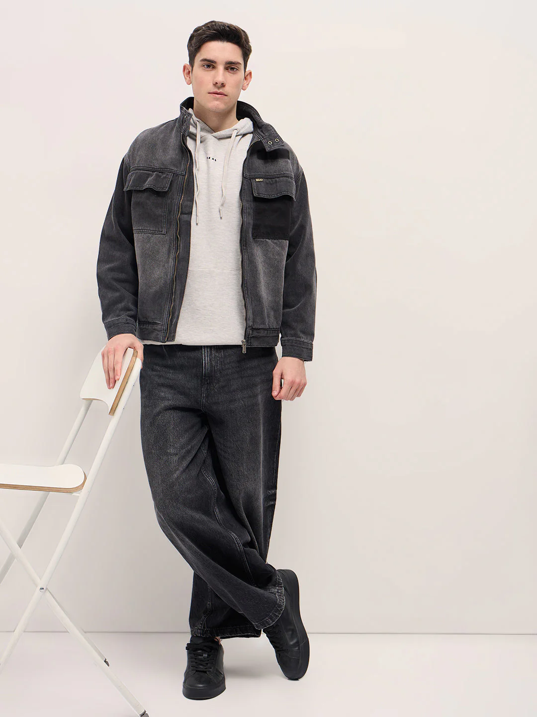 Men Charcoal Grey Denim Jacket - Image 4