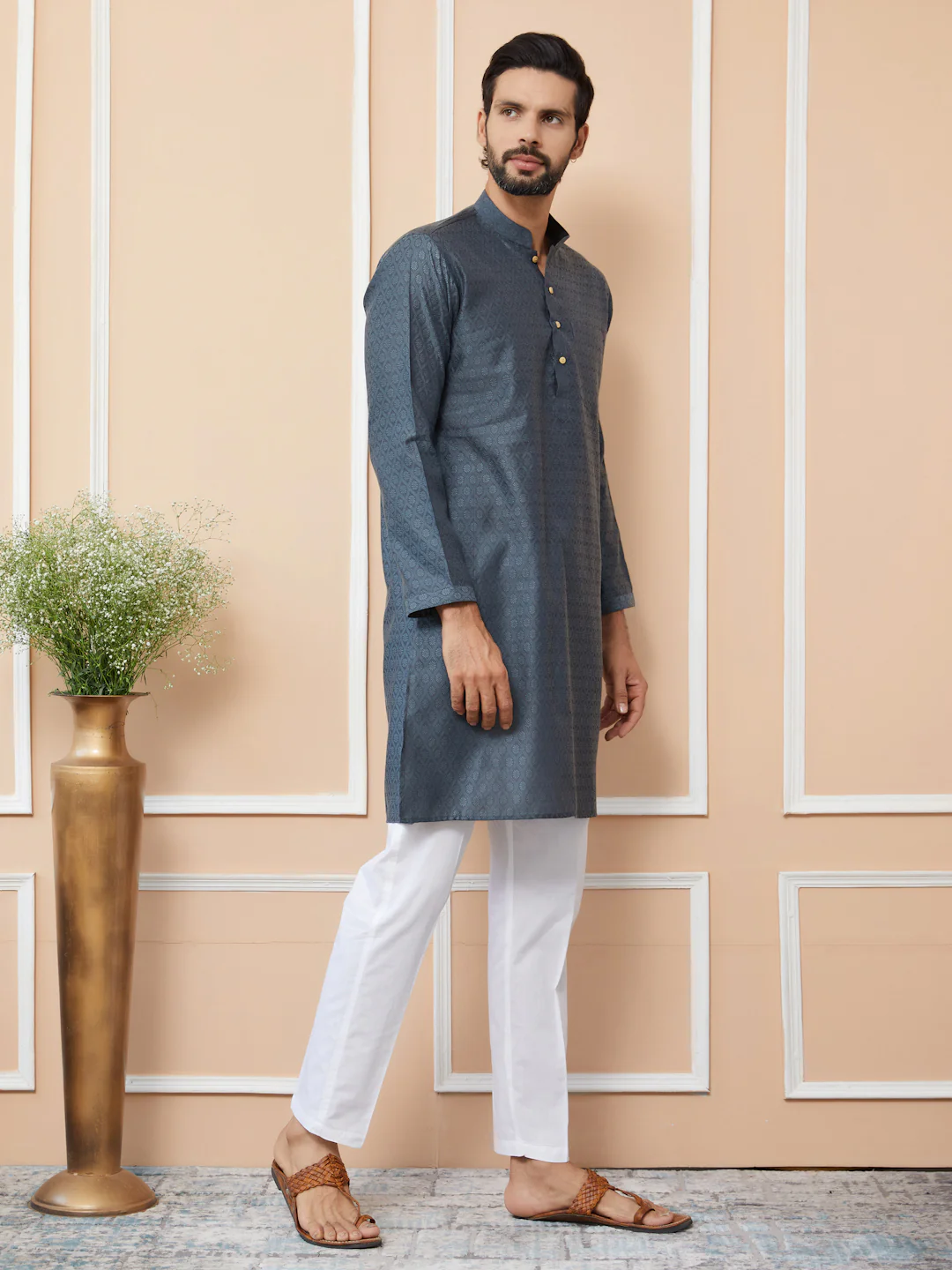Men Charcoal Ethnic Motifs Silk Jacquard Straight Kurta - Image 2