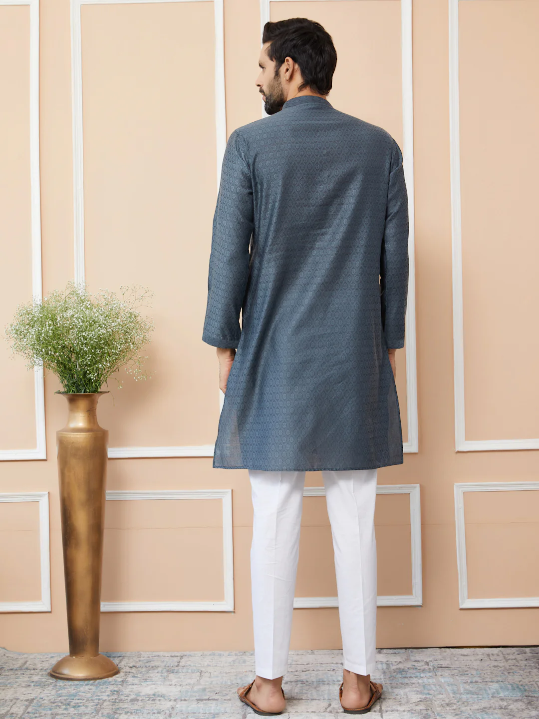 Men Charcoal Ethnic Motifs Silk Jacquard Straight Kurta - Image 3