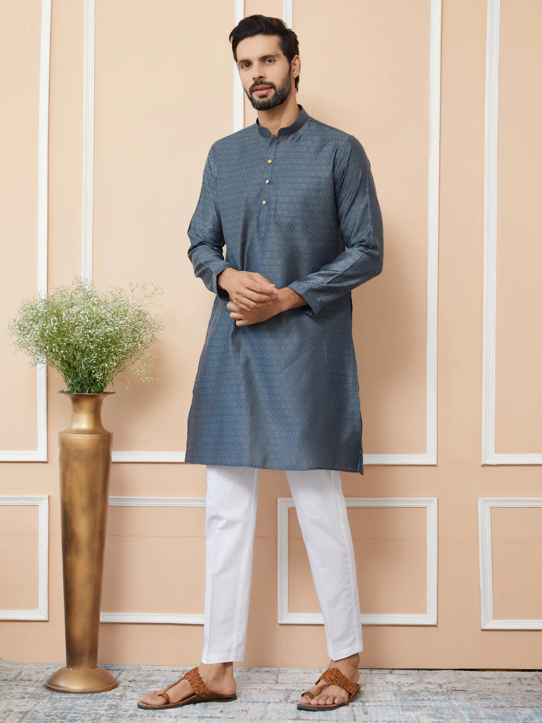 Men Charcoal Ethnic Motifs Silk Jacquard Straight Kurta - Image 4