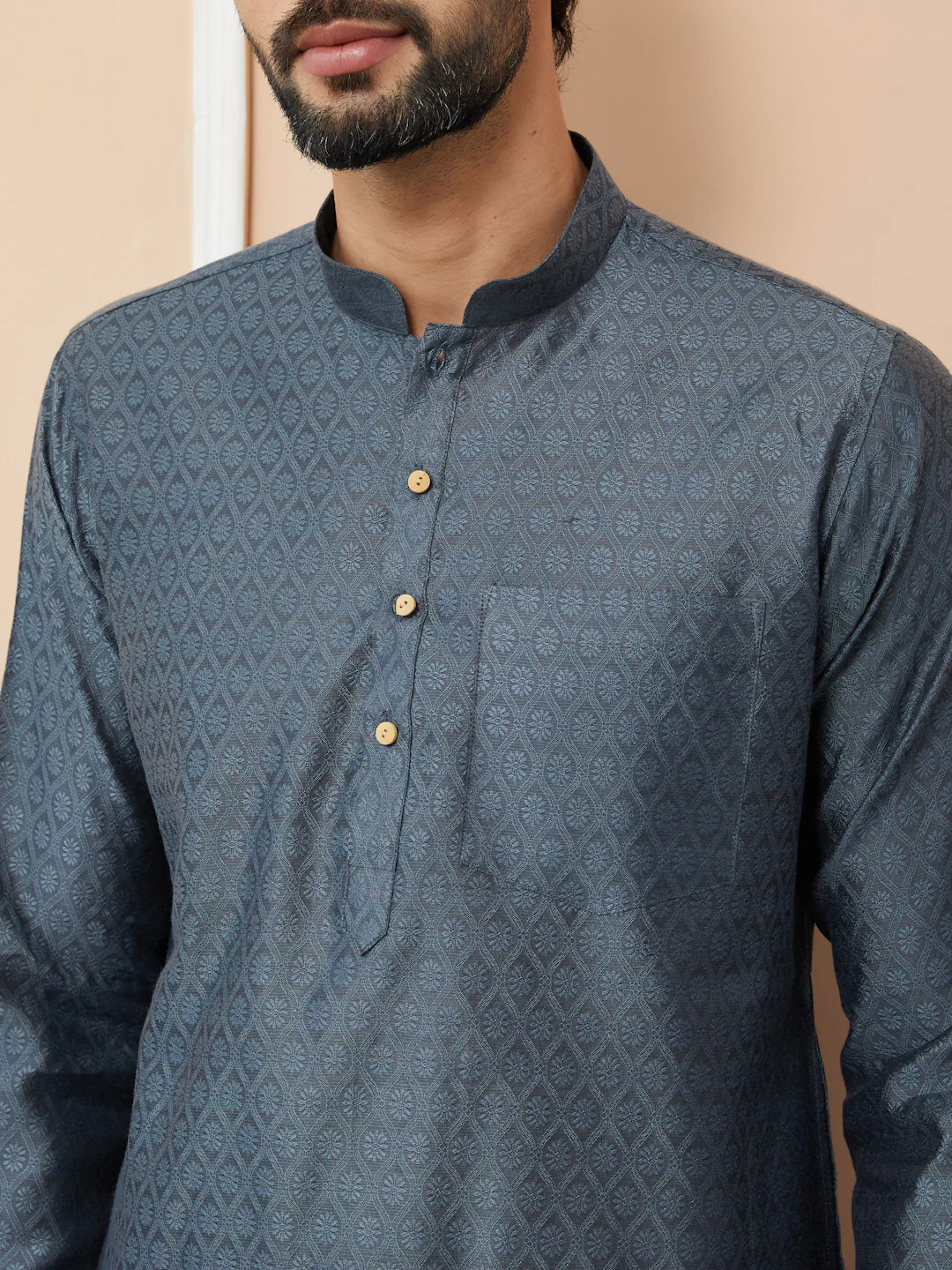 Men Charcoal Ethnic Motifs Silk Jacquard Straight Kurta - Image 5
