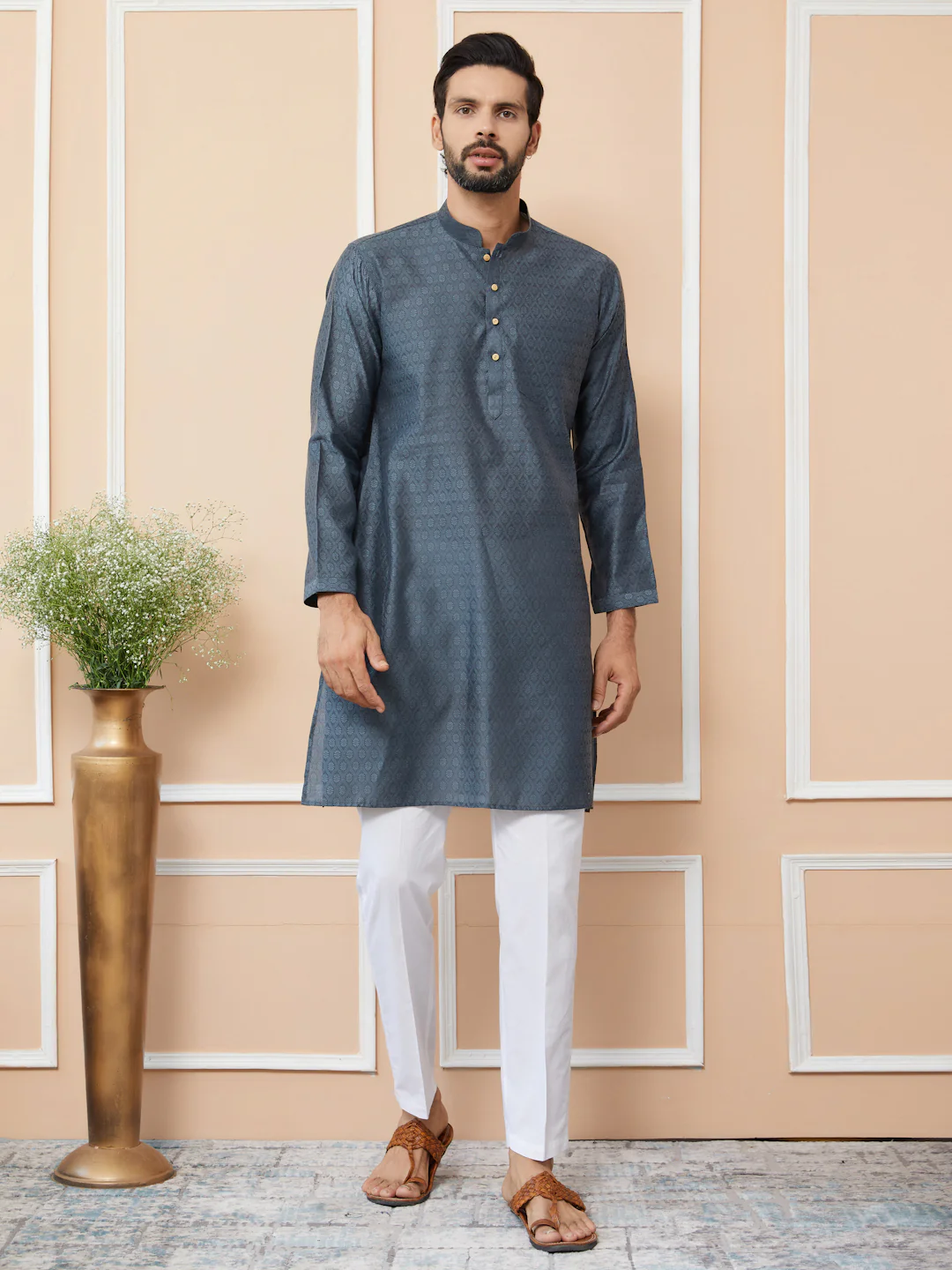 Men Charcoal Ethnic Motifs Silk Jacquard Straight Kurta - Image 6