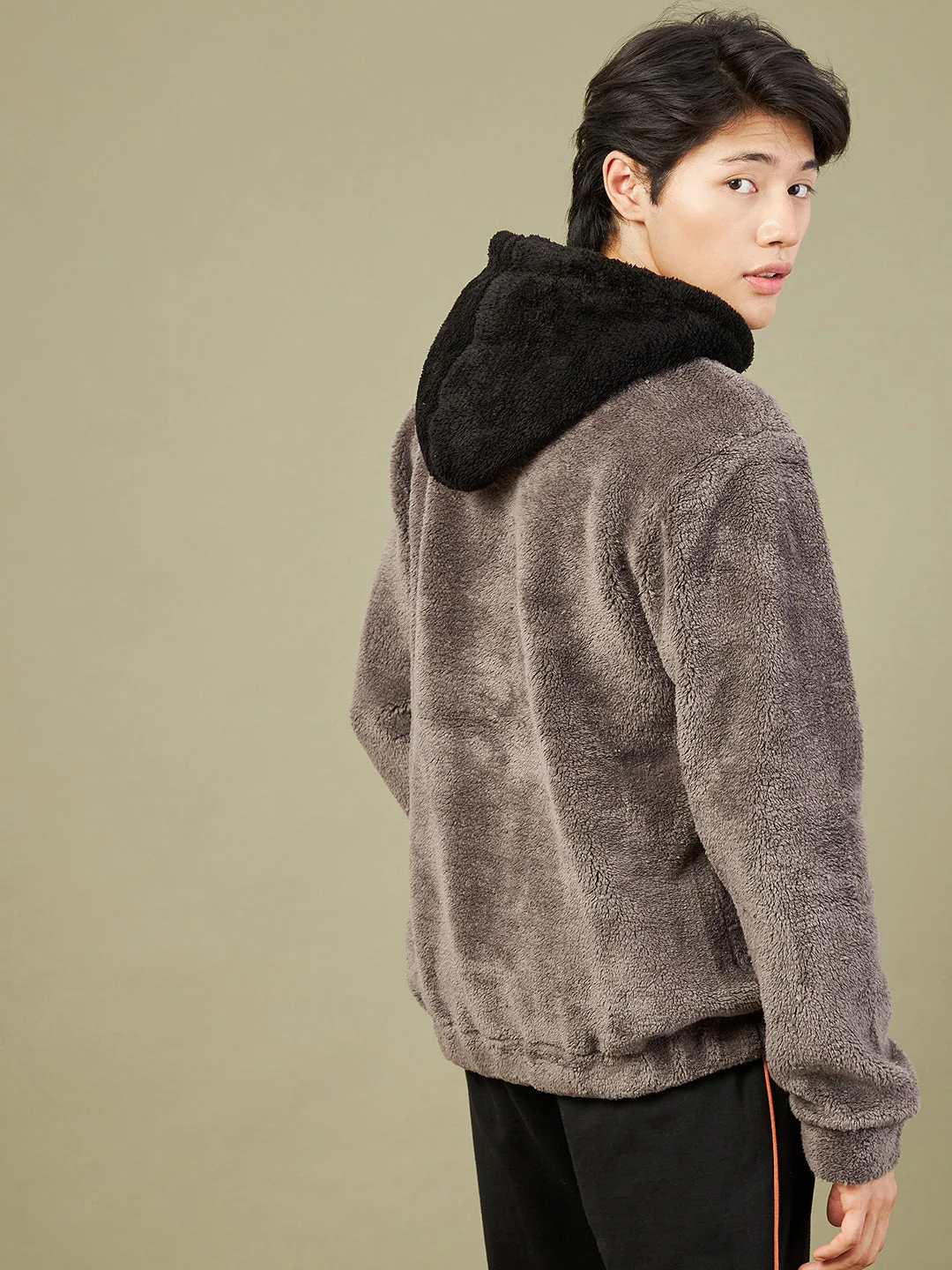 Men Charcoal Grey Fur Colorblock Hoodie - Image 2