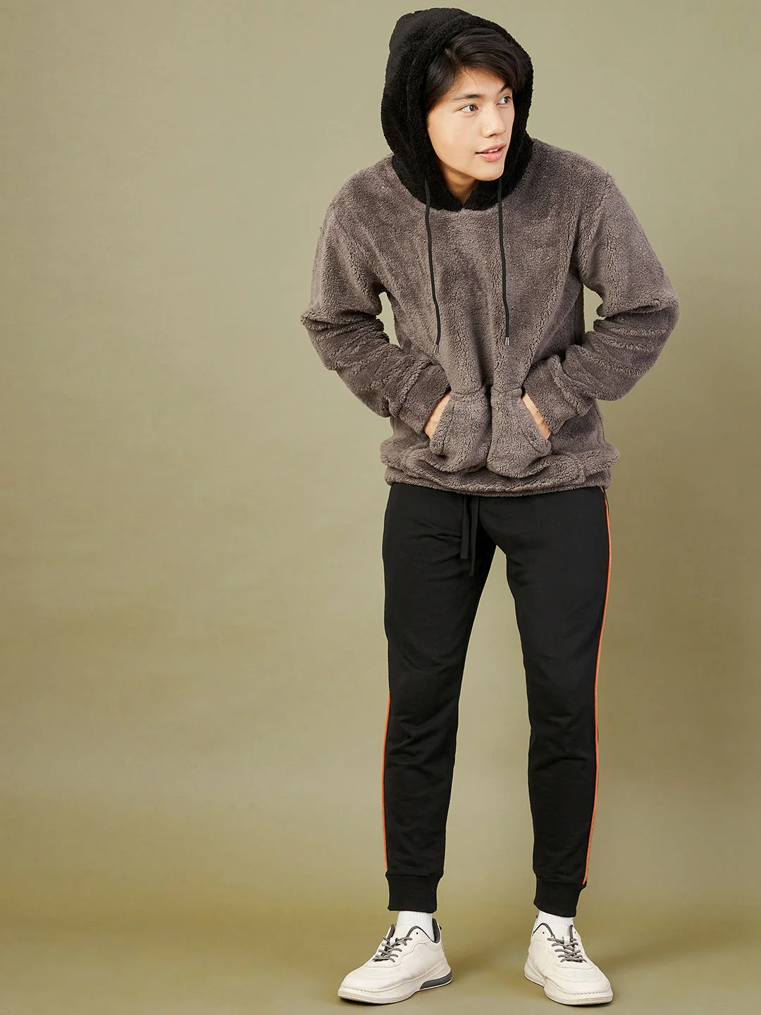 Men Charcoal Grey Fur Colorblock Hoodie - Image 3