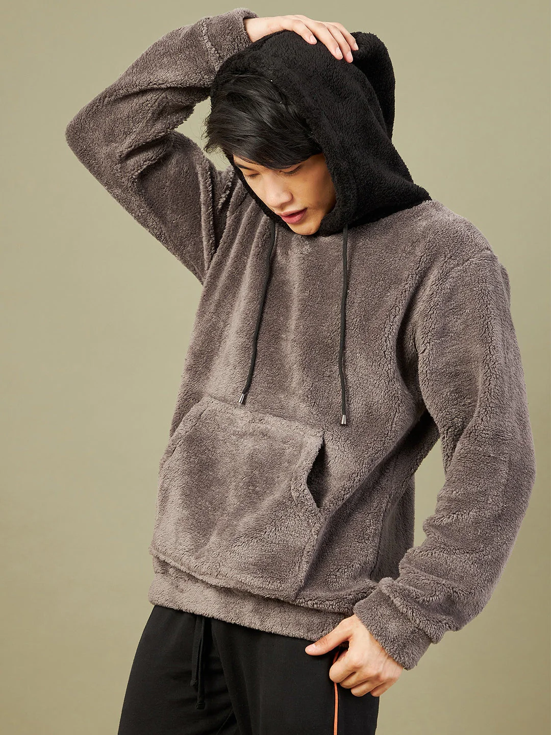 Men Charcoal Grey Fur Colorblock Hoodie - Image 5