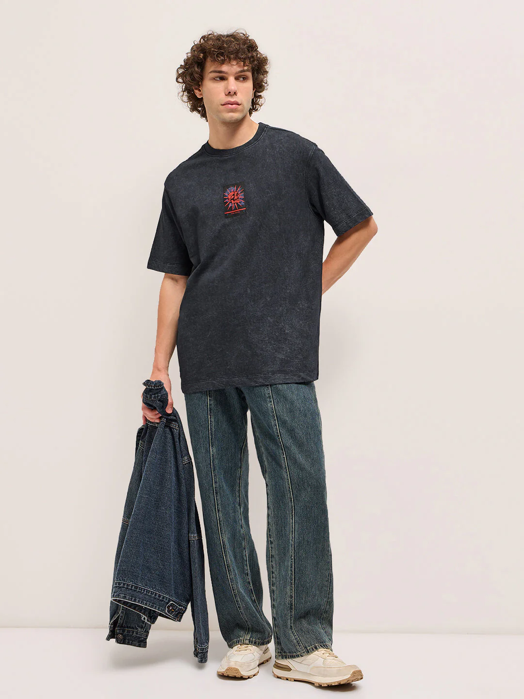 Men Charcoal Grey Oversize skull graphic Crew Neck T-shirt - Image 4