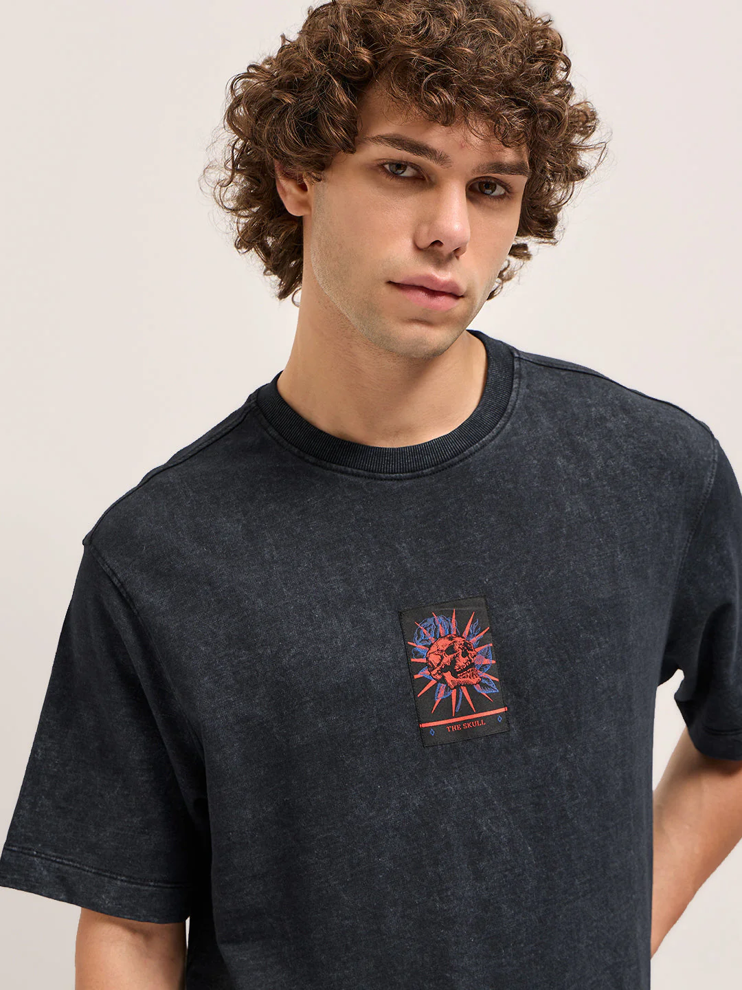 Men Charcoal Grey Oversize skull graphic Crew Neck T-shirt - Image 5