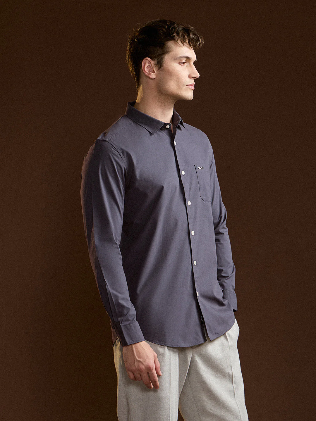 Men Charcoal Grey Tailored Fit Cotton Formal Shirt - Image 3