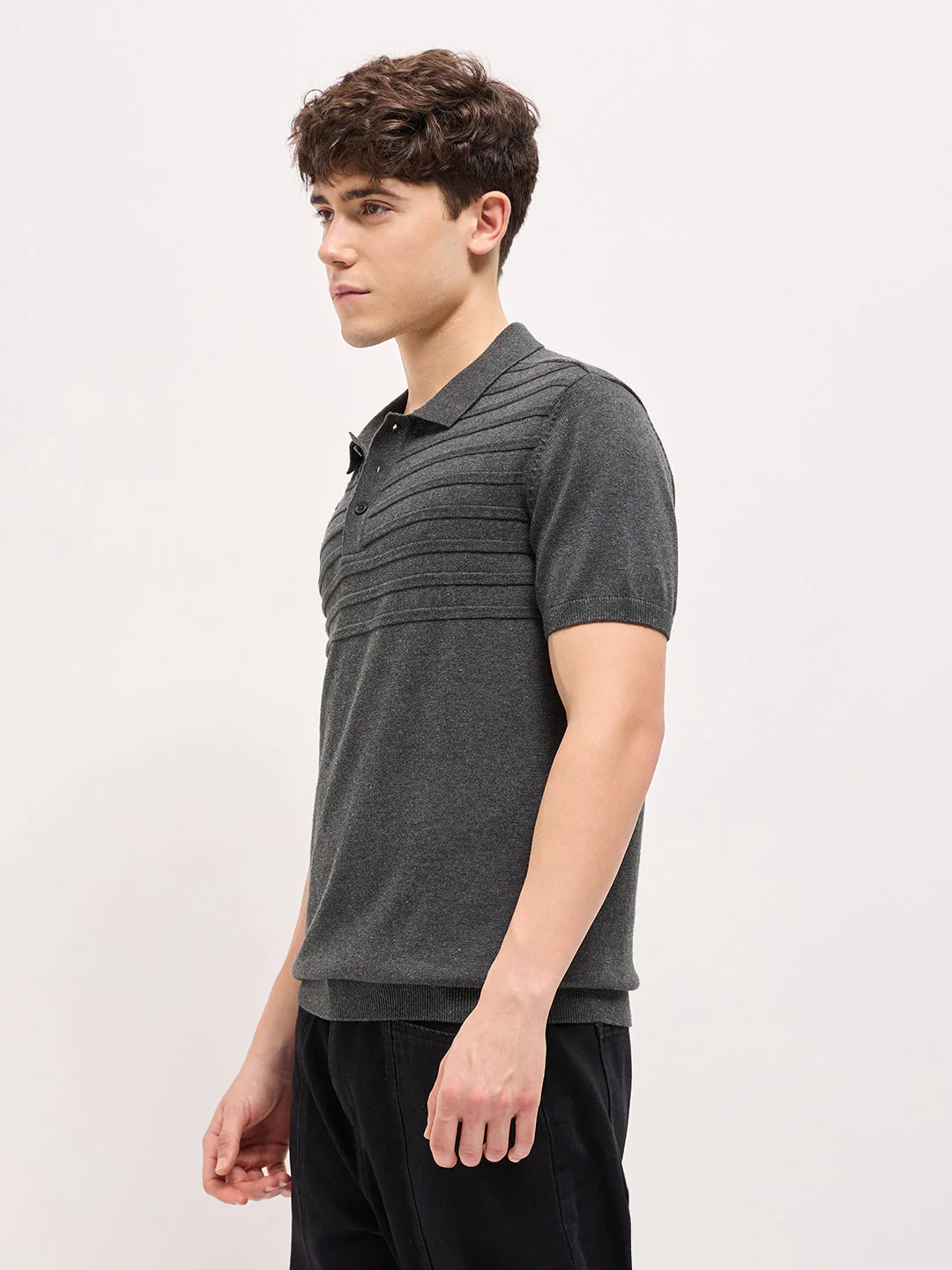 Men Charcoal Grey Textured Knit Regular Fit Polo T-shirt - Image 3